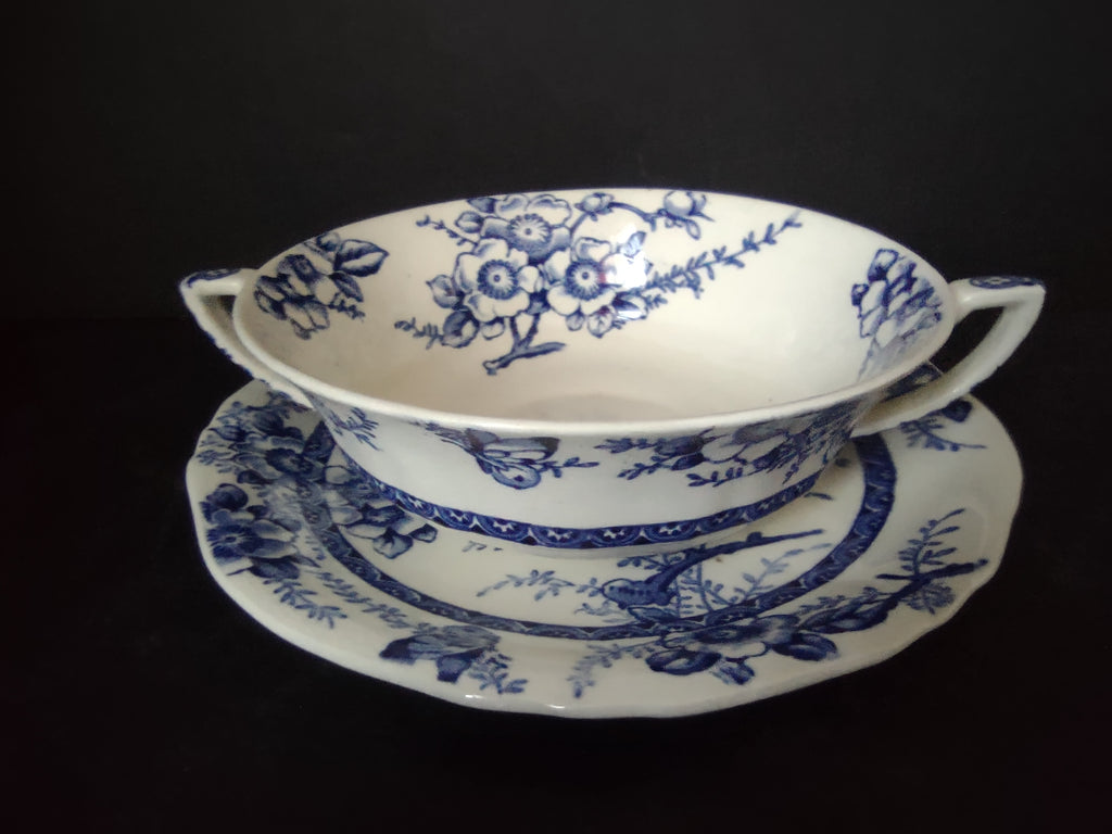 Vintage Alfred Meakin Medway Blue White Cream Soup Bowl Saucer Set [5992]