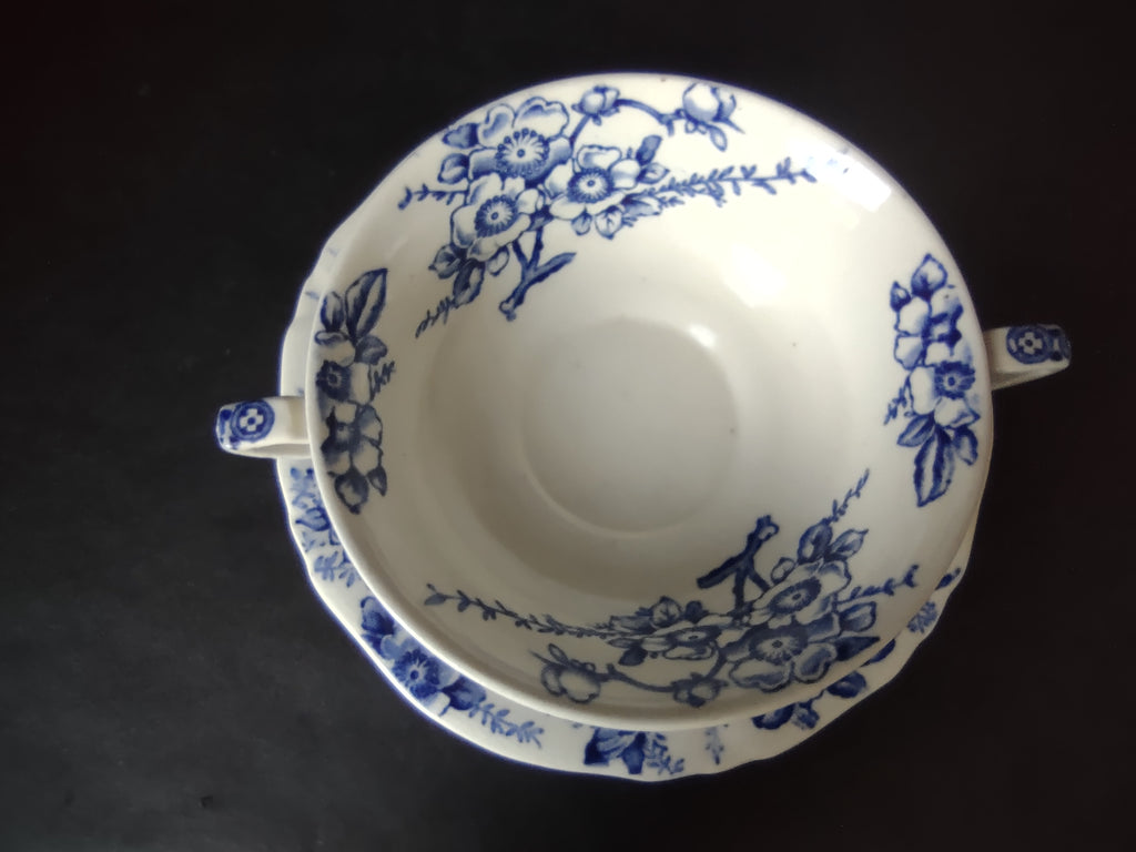 Vintage Alfred Meakin Medway Blue White Cream Soup Bowl Saucer Set [5992]