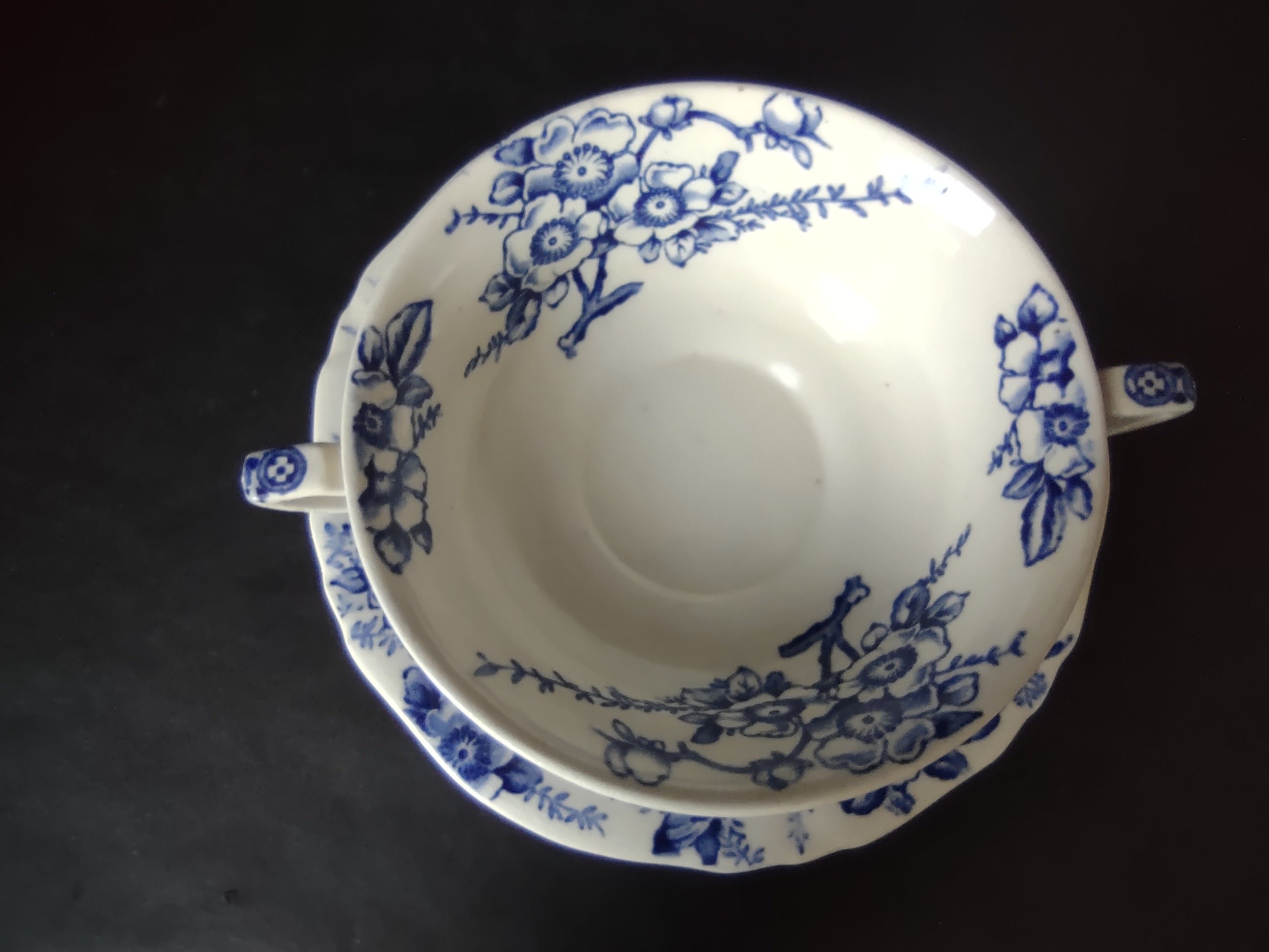 Vintage Alfred Meakin Medway Blue White Cream Soup Bowl Saucer Set [5992]