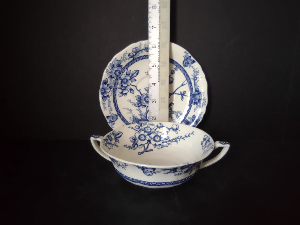 Vintage Alfred Meakin Medway Blue White Cream Soup Bowl Saucer Set [5992]