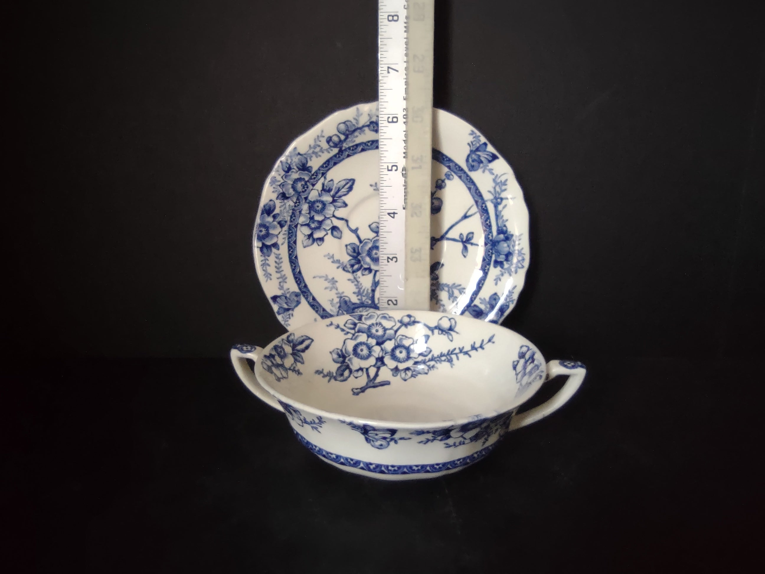 Vintage Alfred Meakin Medway Blue White Cream Soup Bowl Saucer Set [5992]