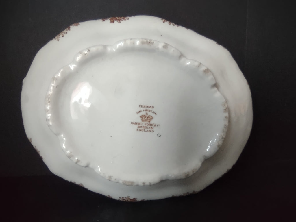 Vintage Burslem Ford Festoon Brown Transferware Semi Porcelain Bowl England [5996]