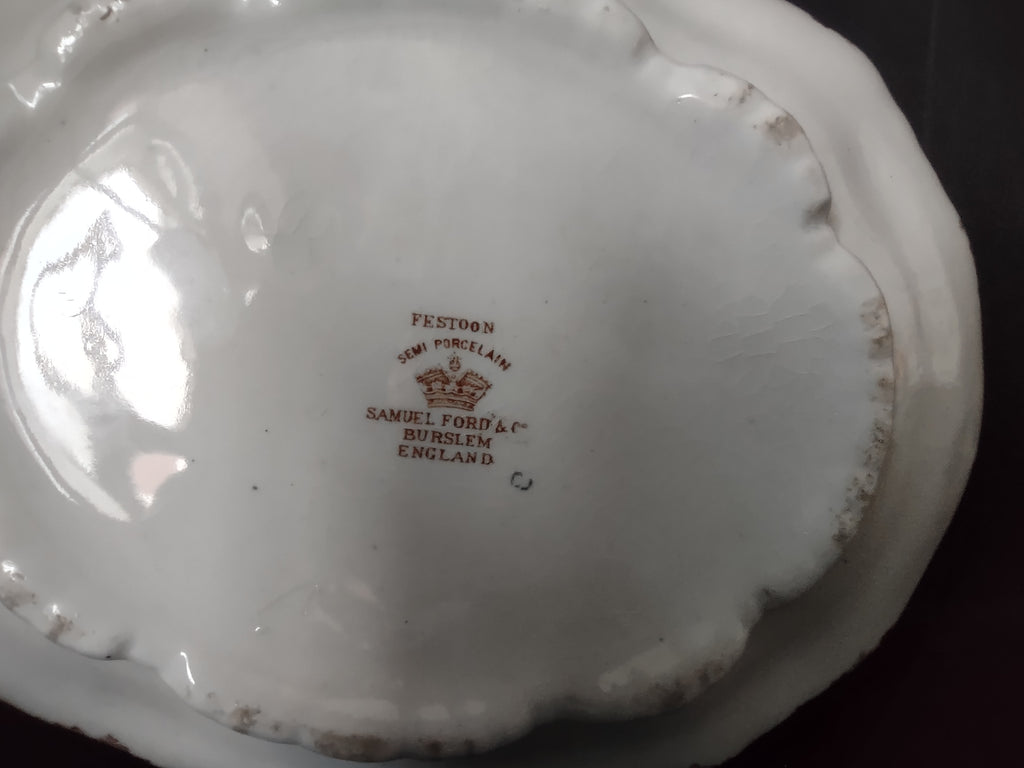Vintage Burslem Ford Festoon Brown Transferware Semi Porcelain Bowl England [5996]