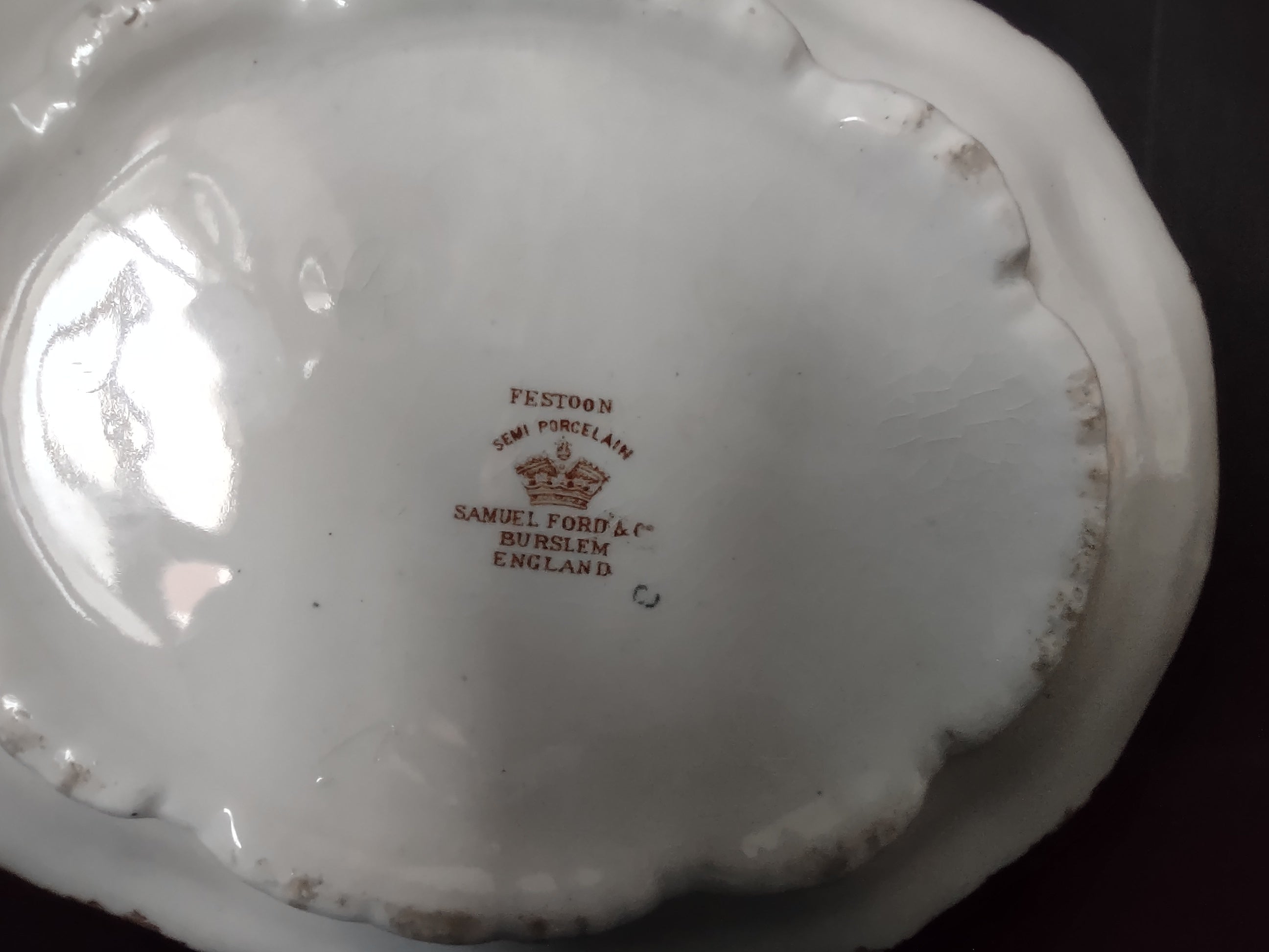 Vintage Burslem Ford Festoon Brown Transferware Semi Porcelain Bowl England [5996]
