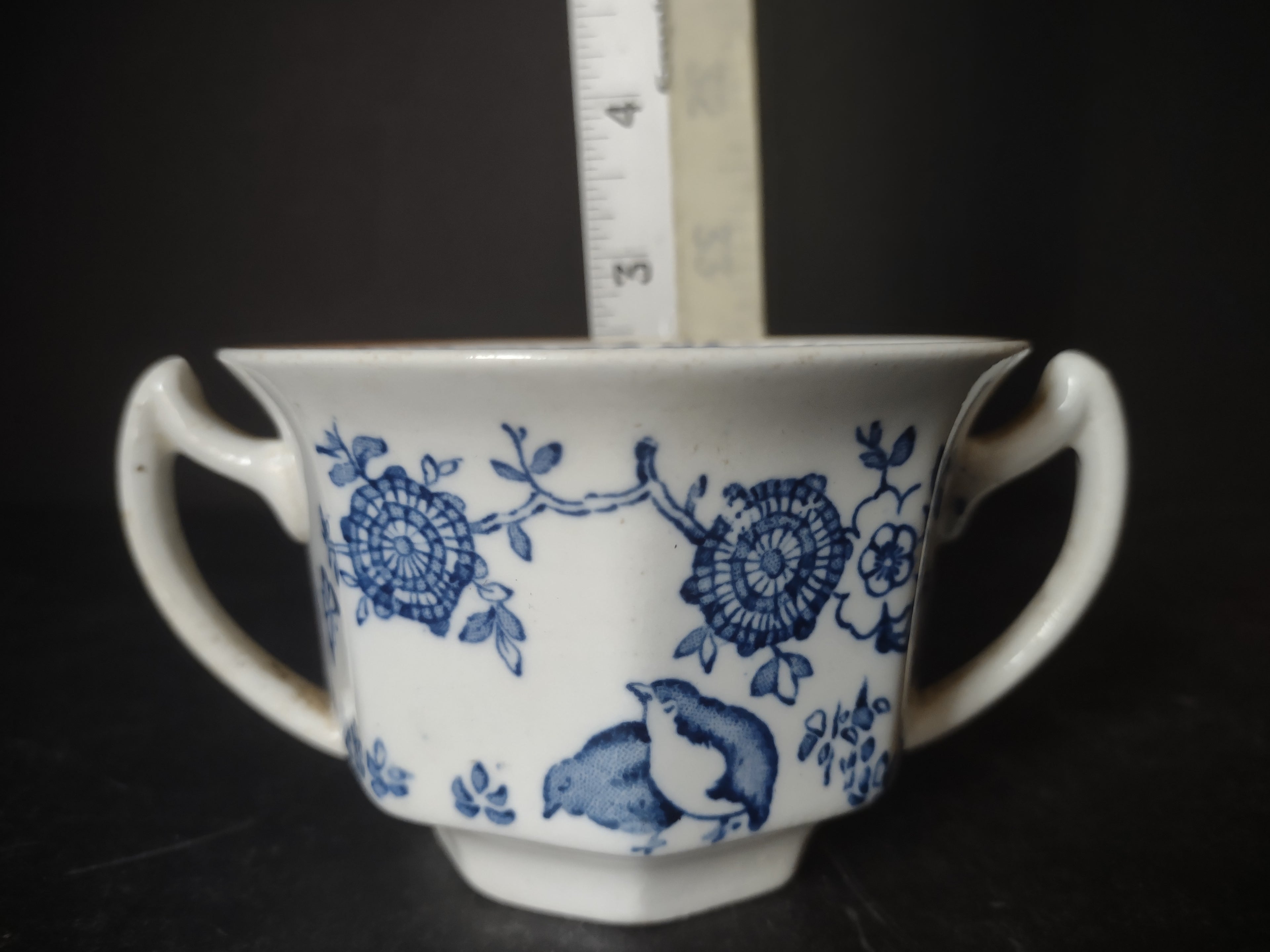 Vintage Wood's Ware Old Bow Blue Transferware Two-Handle Cup England [6003]