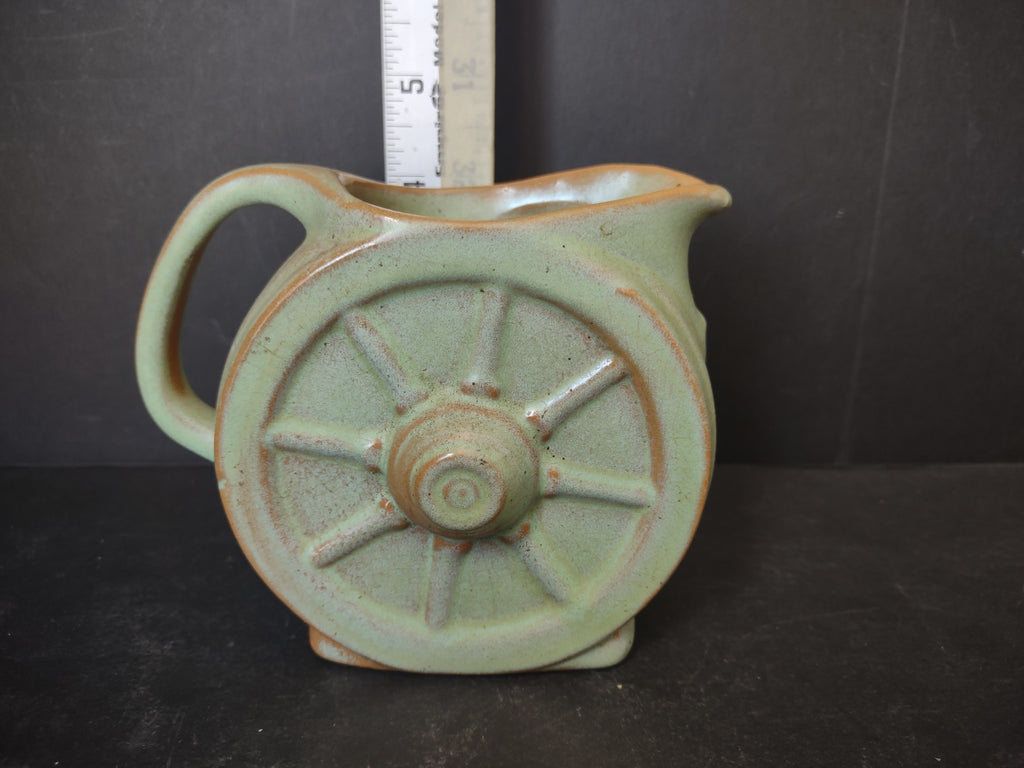 Vintage Frankoma Pottery Wagon Wheel Pitcher Prairie Green Ada Clay USA [6044]