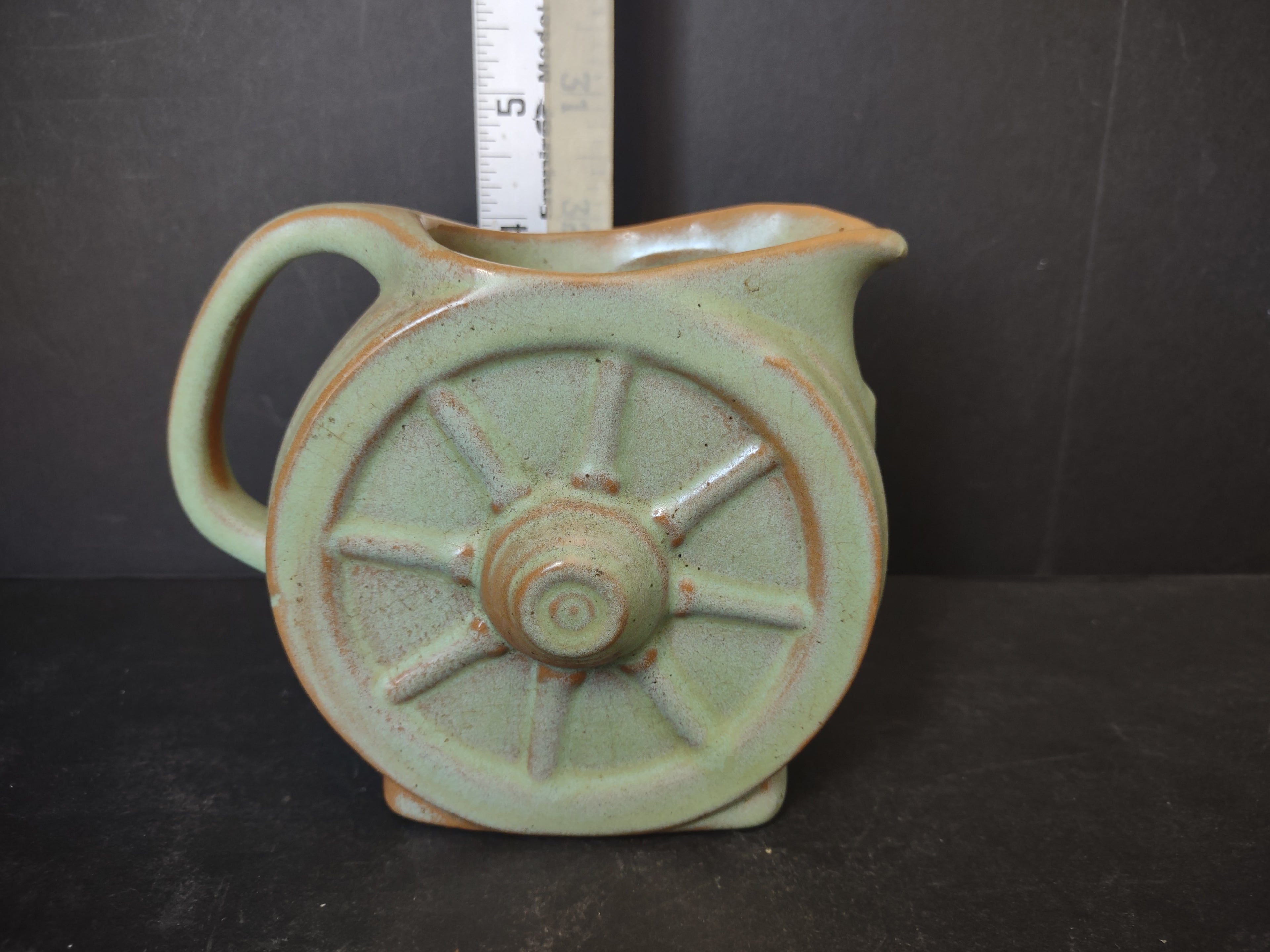 Vintage Frankoma Pottery Wagon Wheel Pitcher Prairie Green Ada Clay USA [6044]