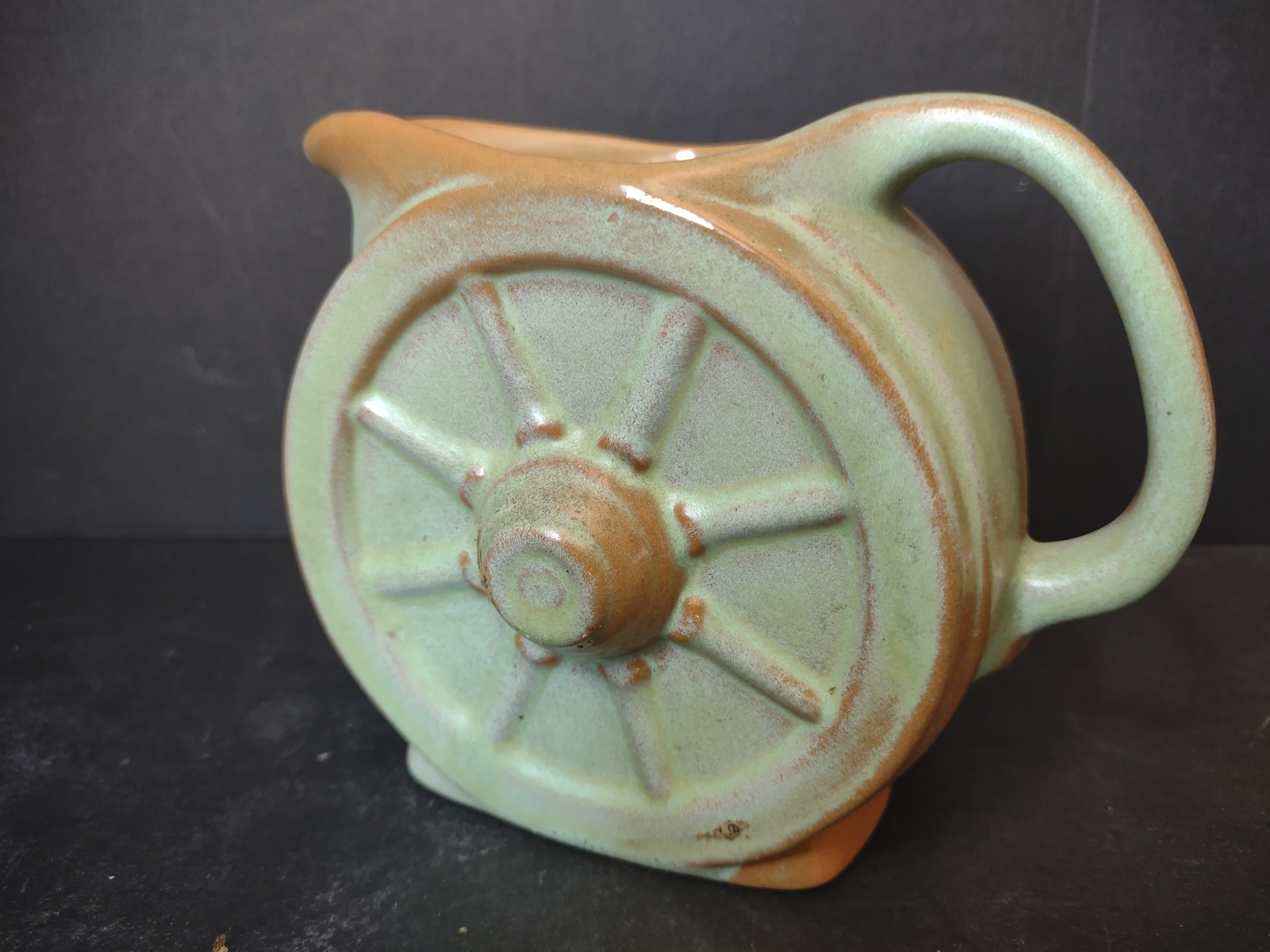 Vintage Frankoma Pottery Wagon Wheel Pitcher Prairie Green Ada Clay USA [6044]