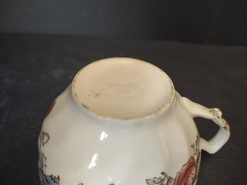 Vintage Floral Bouquet Rose Pansy Teacup Pink Yellow Purple Gold Trim [6041]