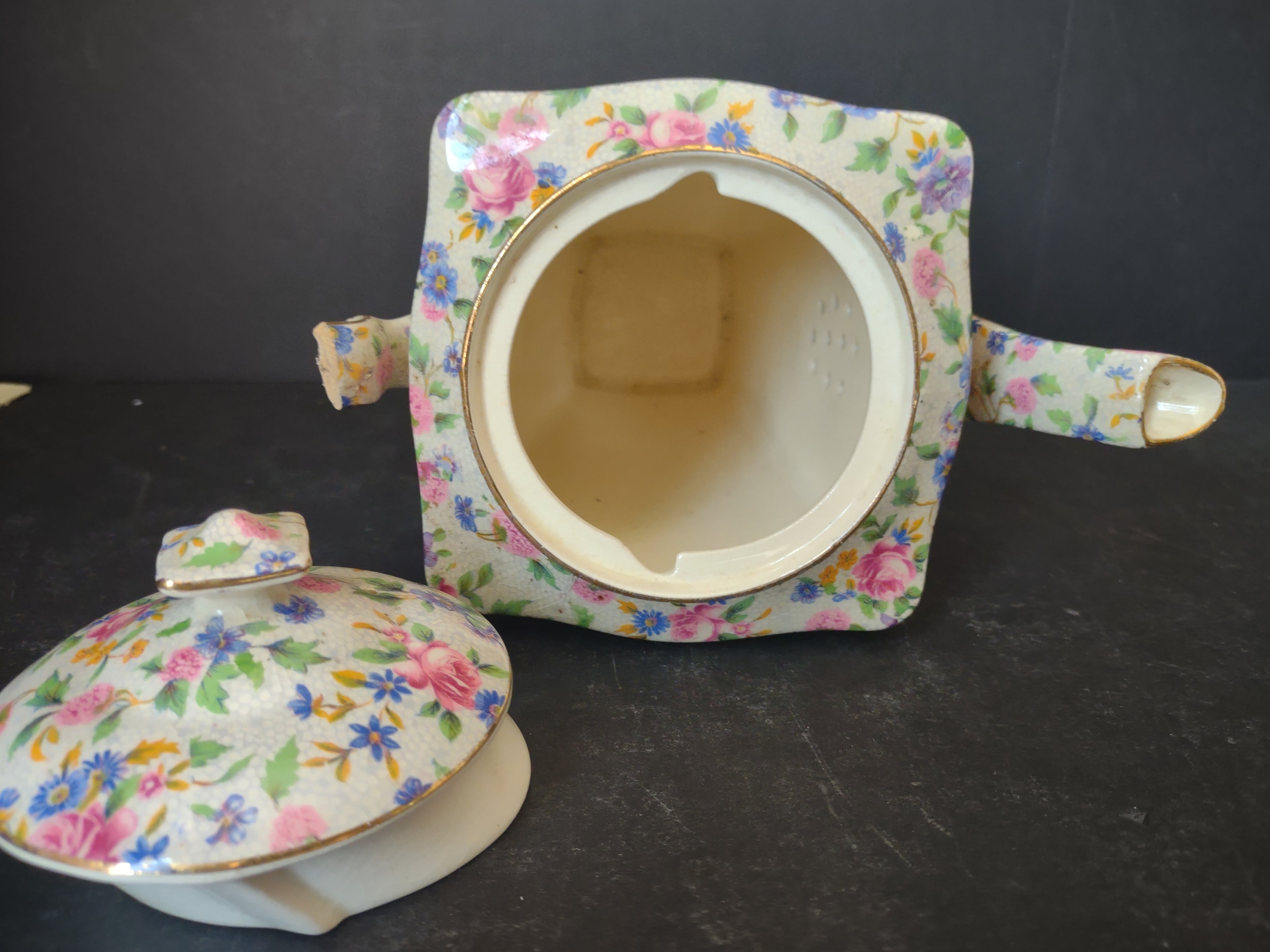 Vintage Royal Winton Grimwades Chintz Teapot Floral Pink Blue IMPERFECT [6039]
