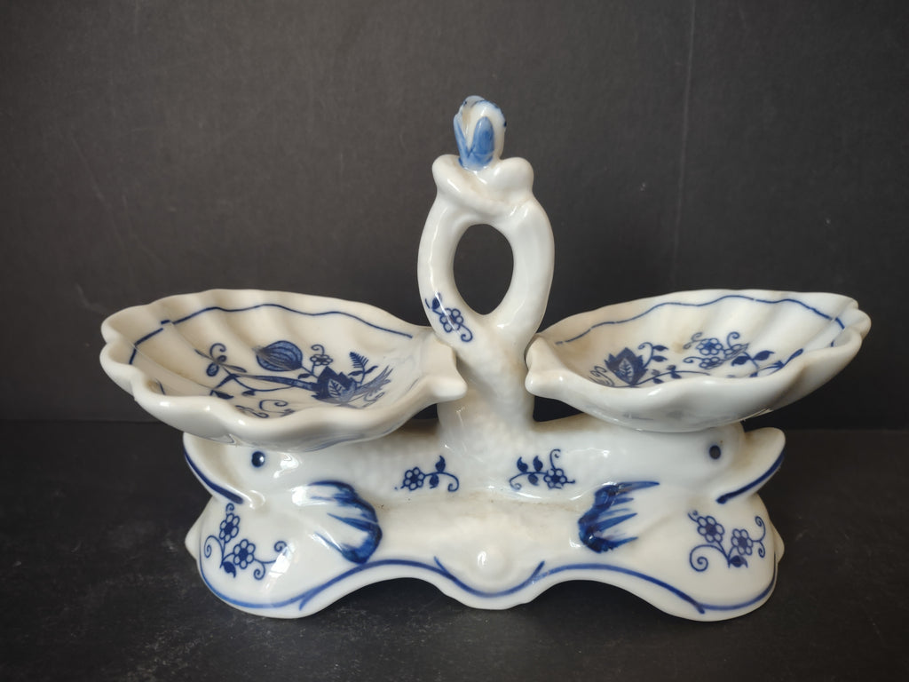 Vintage Vienna Woods Blue Onion Double Salt Cellar Porcelain Serving Dish [6038]