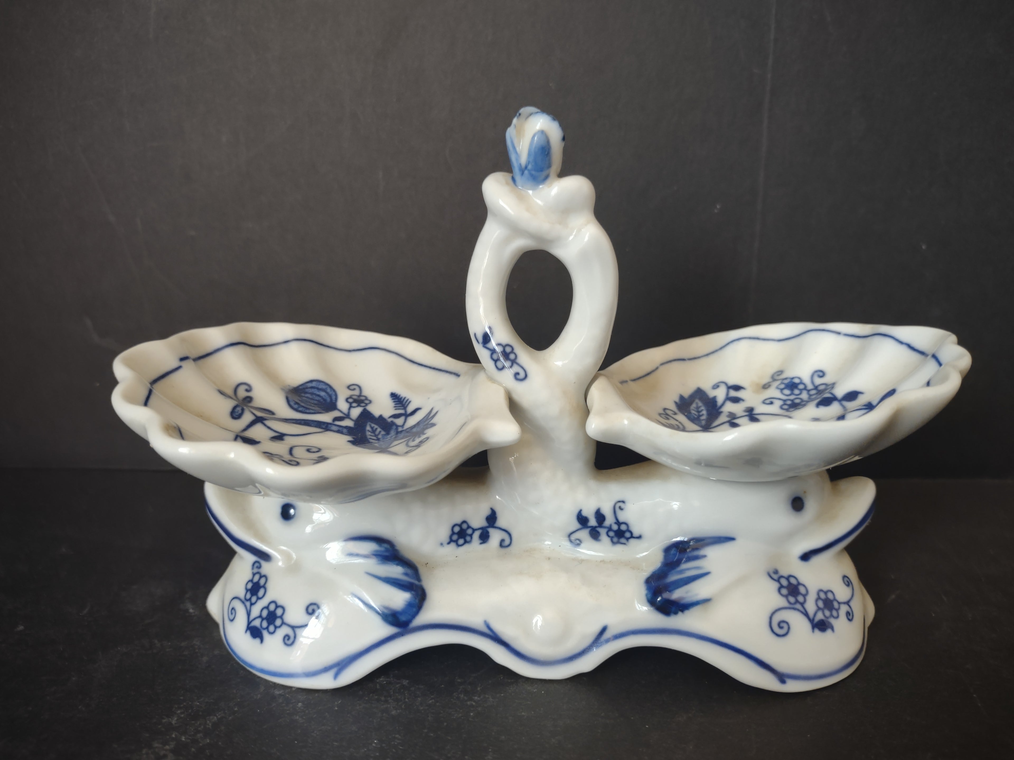 Vintage Vienna Woods Blue Onion Double Salt Cellar Porcelain Serving Dish [6038]