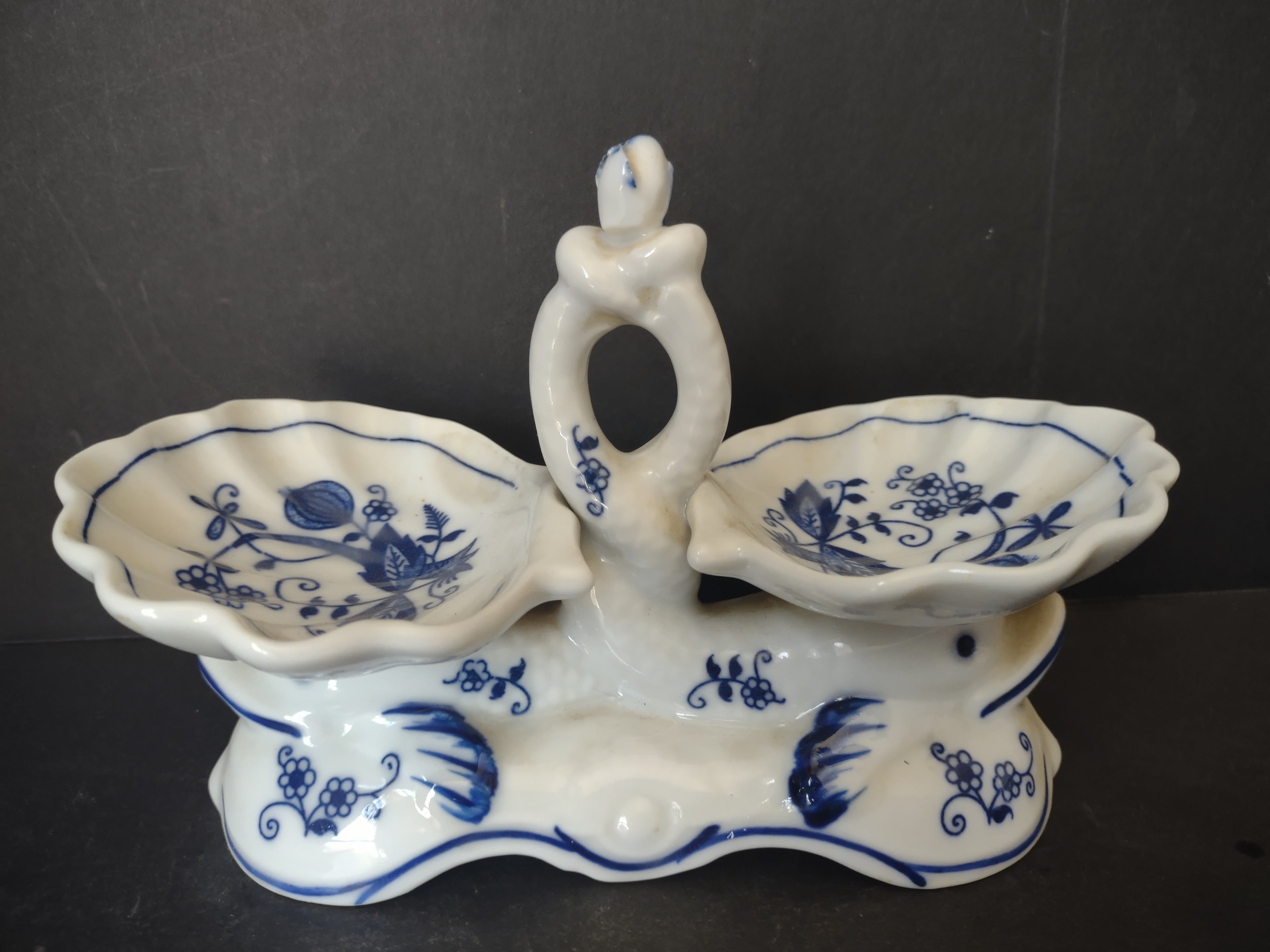 Vintage Vienna Woods Blue Onion Double Salt Cellar Porcelain Serving Dish [6038]