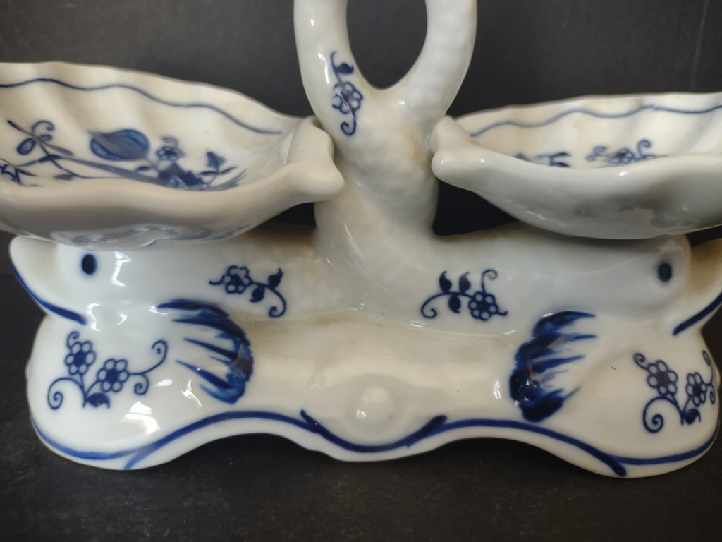 Vintage Vienna Woods Blue Onion Double Salt Cellar Porcelain Serving Dish [6038]