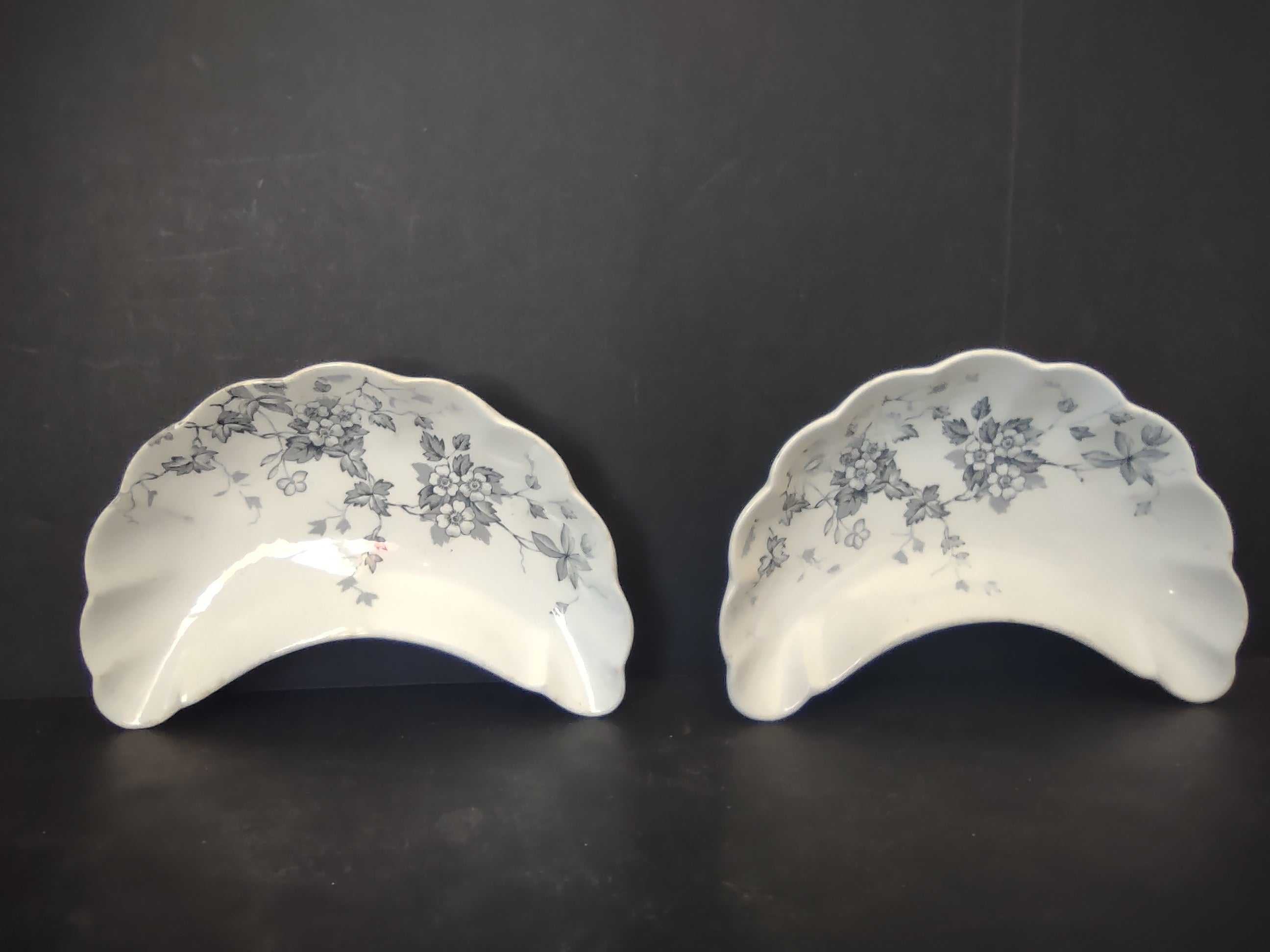 Vintage Wedgwood & Co Celia Gray Transferware Crescent Bone Dish Set 2 [6036]