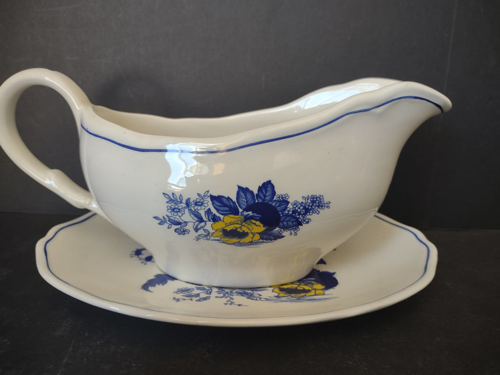 Vintage Enoch Wedgwood Surrey Blue Yellow Floral Gravy Boat Underplate [6035]