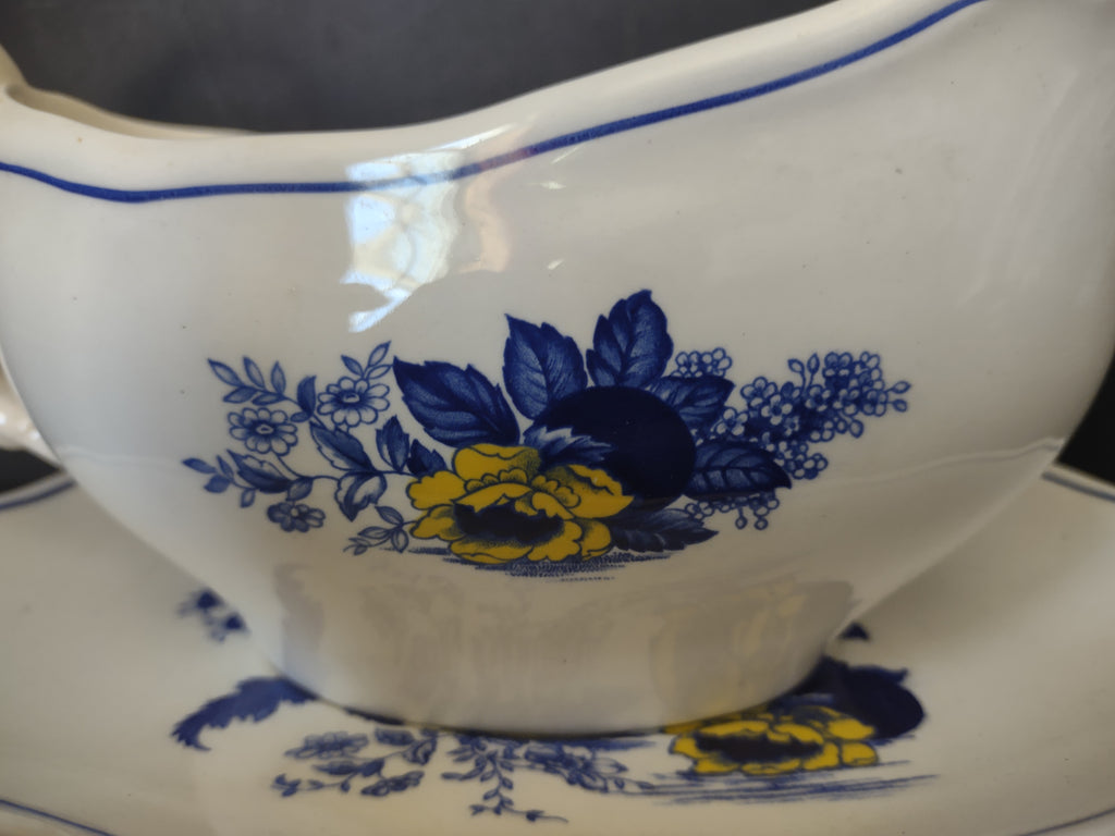 Vintage Enoch Wedgwood Surrey Blue Yellow Floral Gravy Boat Underplate [6035]