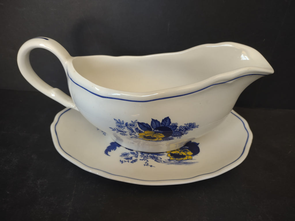 Vintage Enoch Wedgwood Surrey Blue Yellow Floral Gravy Boat Underplate [6035]