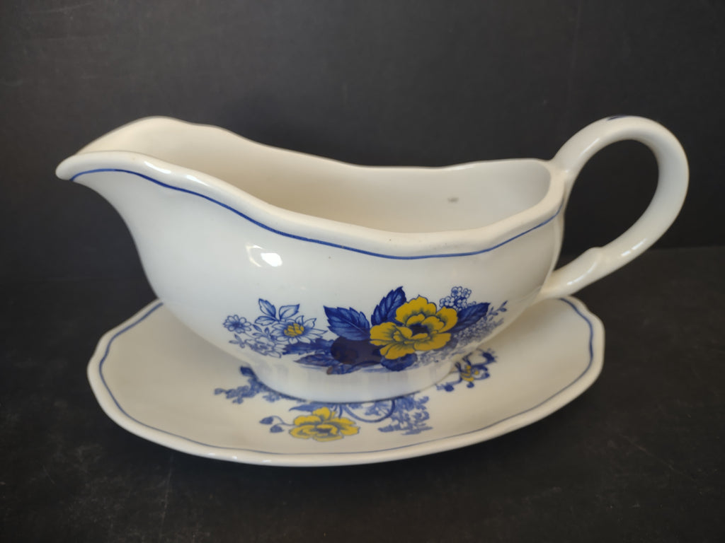 Vintage Enoch Wedgwood Surrey Blue Yellow Floral Gravy Boat Underplate [6035]