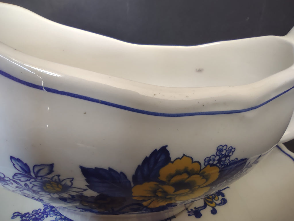 Vintage Enoch Wedgwood Surrey Blue Yellow Floral Gravy Boat Underplate [6035]