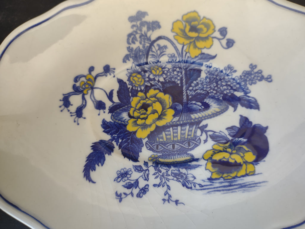 Vintage Enoch Wedgwood Surrey Blue Yellow Floral Gravy Boat Underplate [6035]