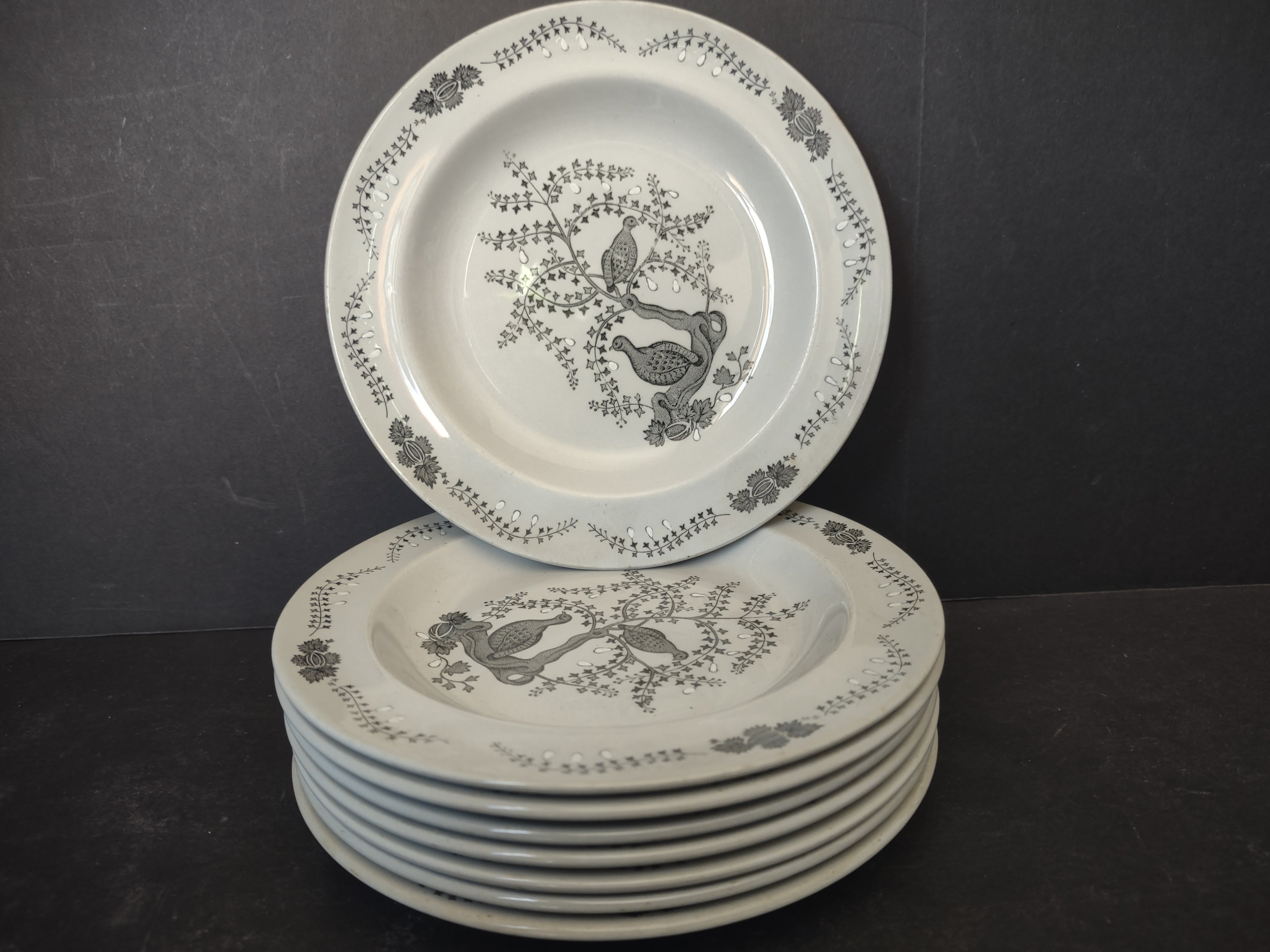 Vintage Wedgwood Partridge Bird Ivy Tree Gray Transferware Plate Set 8 [6034]