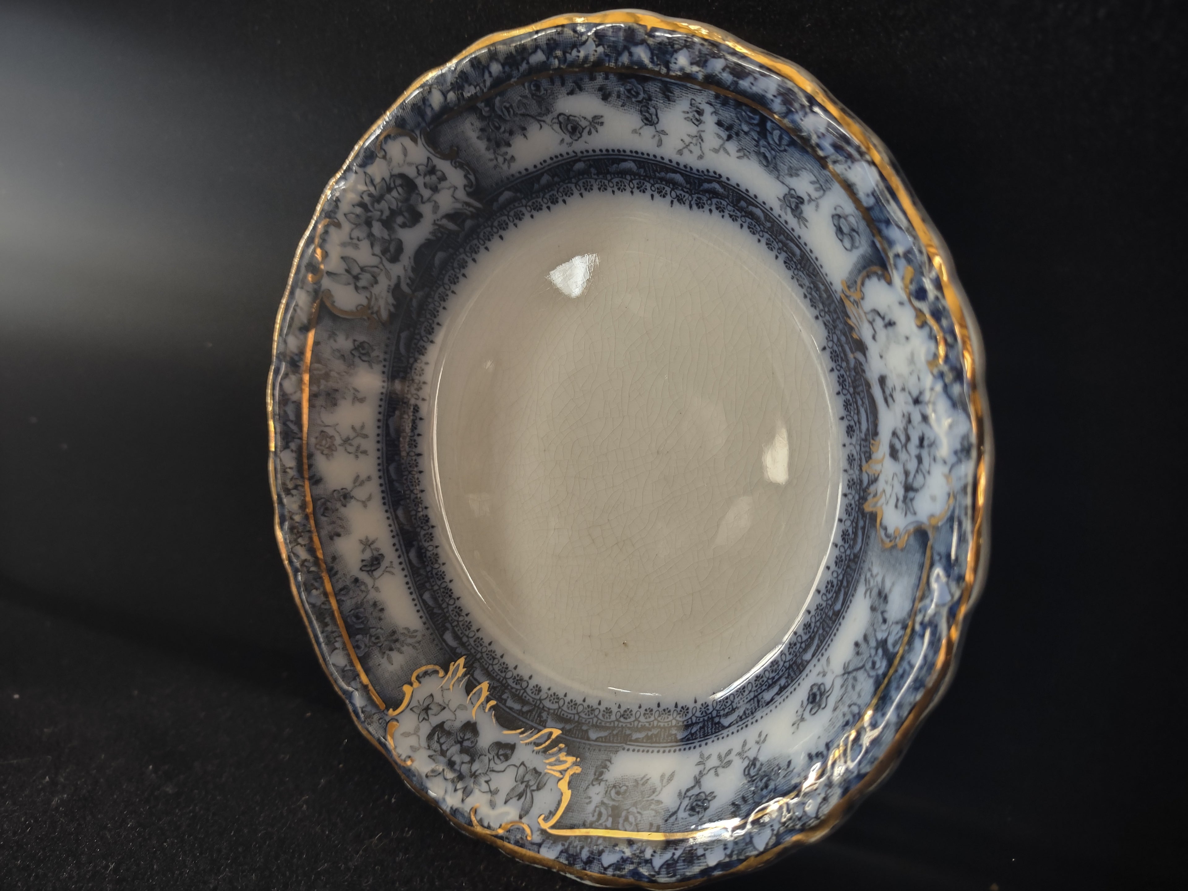 Vintage Wedgwood Phoebe Flow Blue Gold Trim Transferware Serving Dish England [6025]