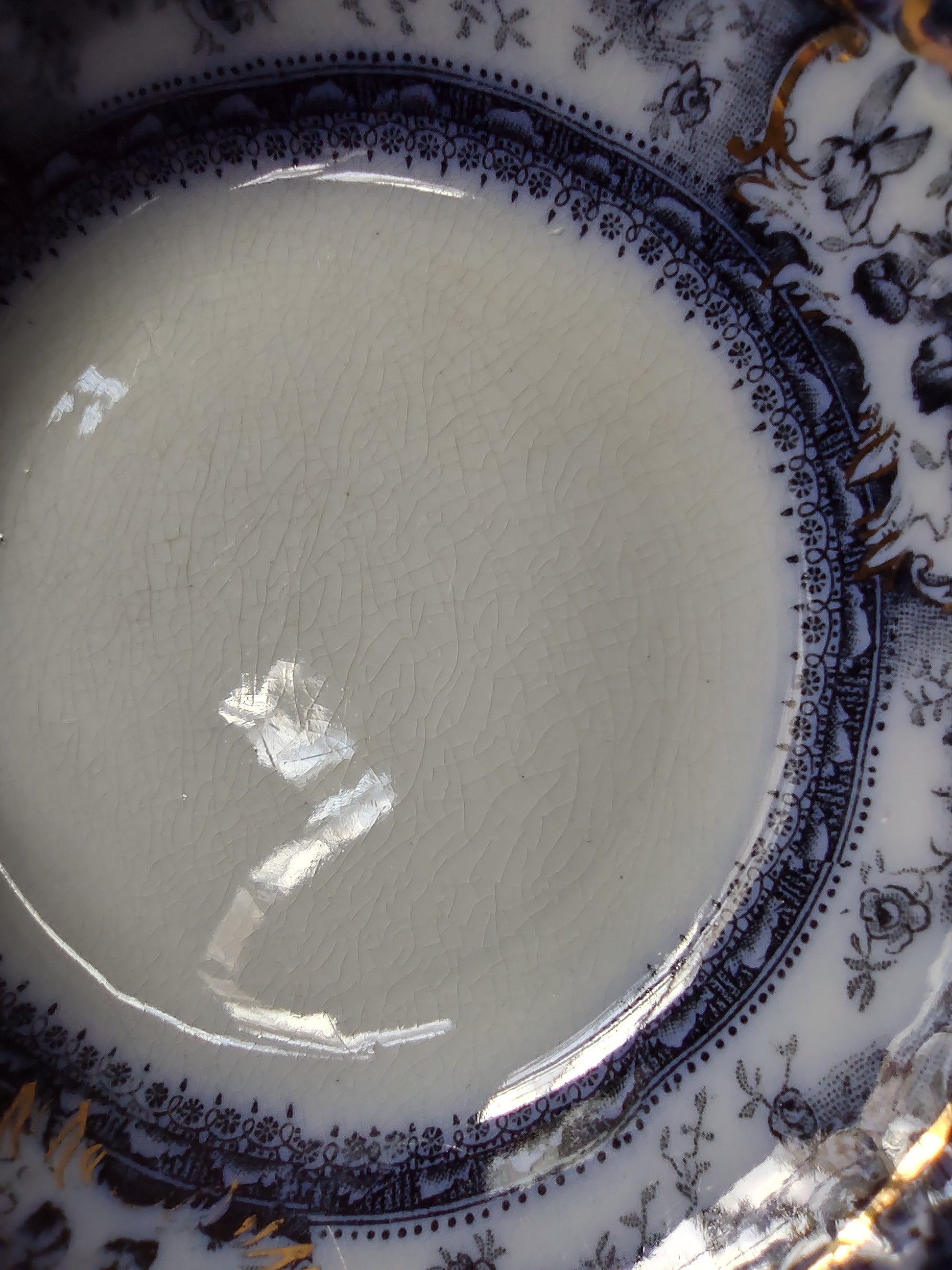 Vintage Wedgwood Phoebe Flow Blue Gold Trim Transferware Serving Dish England [6025]