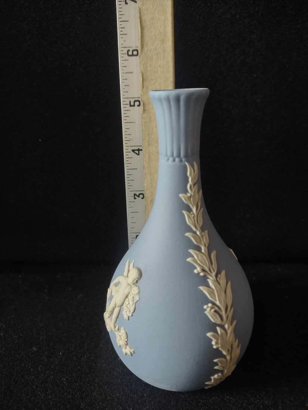 Vintage Wedgwood Blue Jasperware Cherub Bud Vase Neoclassical Relief 5" [6026]