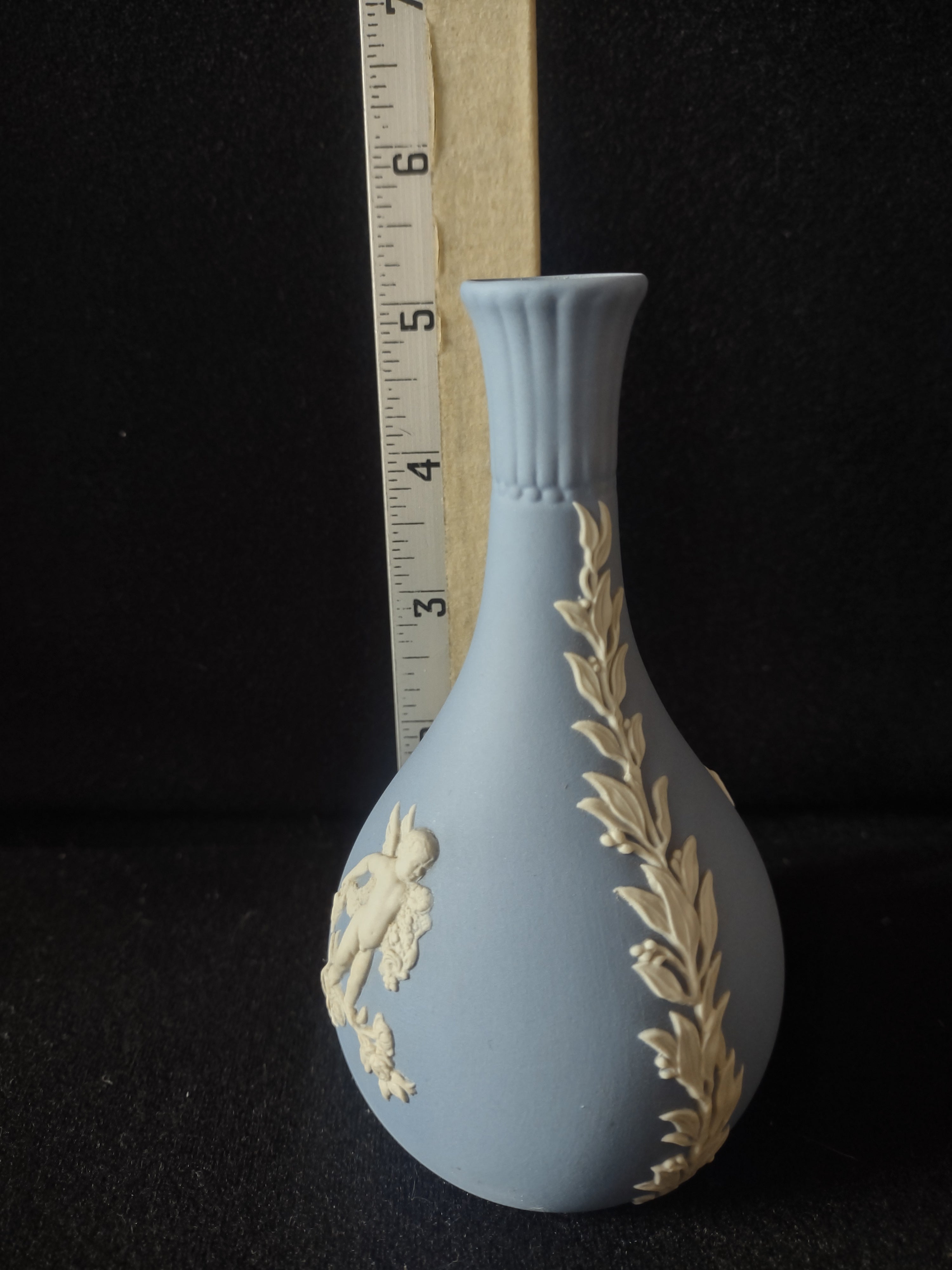 Vintage Wedgwood Blue Jasperware Cherub Bud Vase Neoclassical Relief 5" [6026]