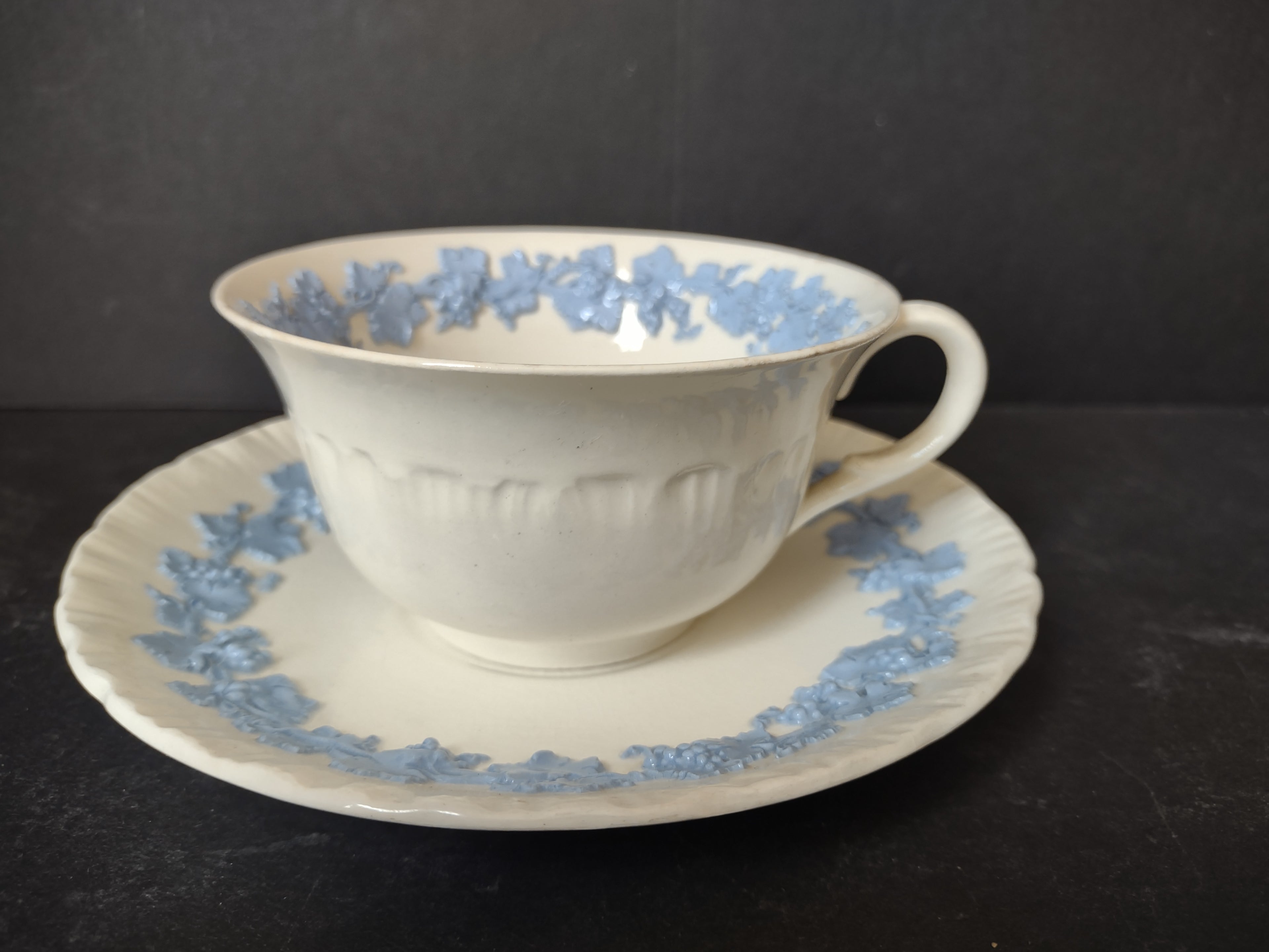 Vintage Wedgwood Embossed Queensware Cream Blue Cup Saucer Set No 3500 [6073]