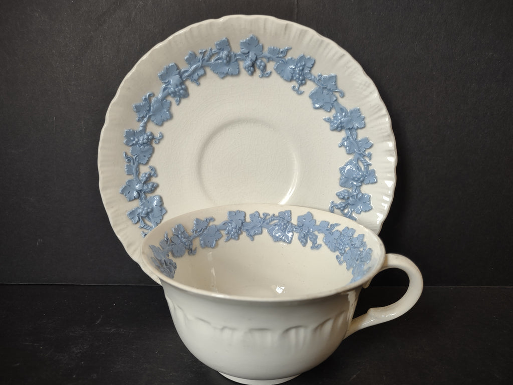 Vintage Wedgwood Embossed Queensware Cream Blue Cup Saucer Set No 3500 [6073]