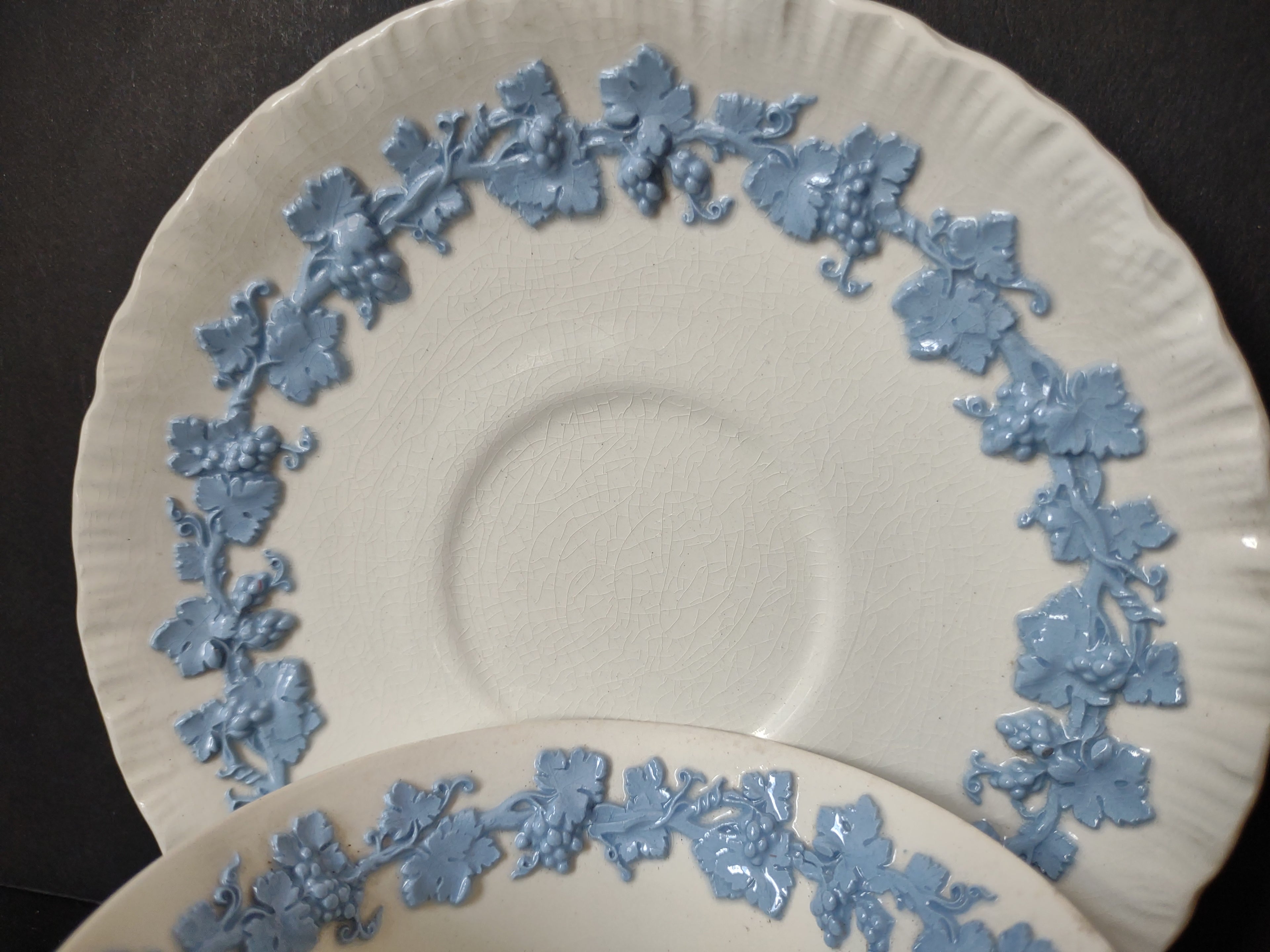 Vintage Wedgwood Embossed Queensware Cream Blue Cup Saucer Set No 3500 [6073]