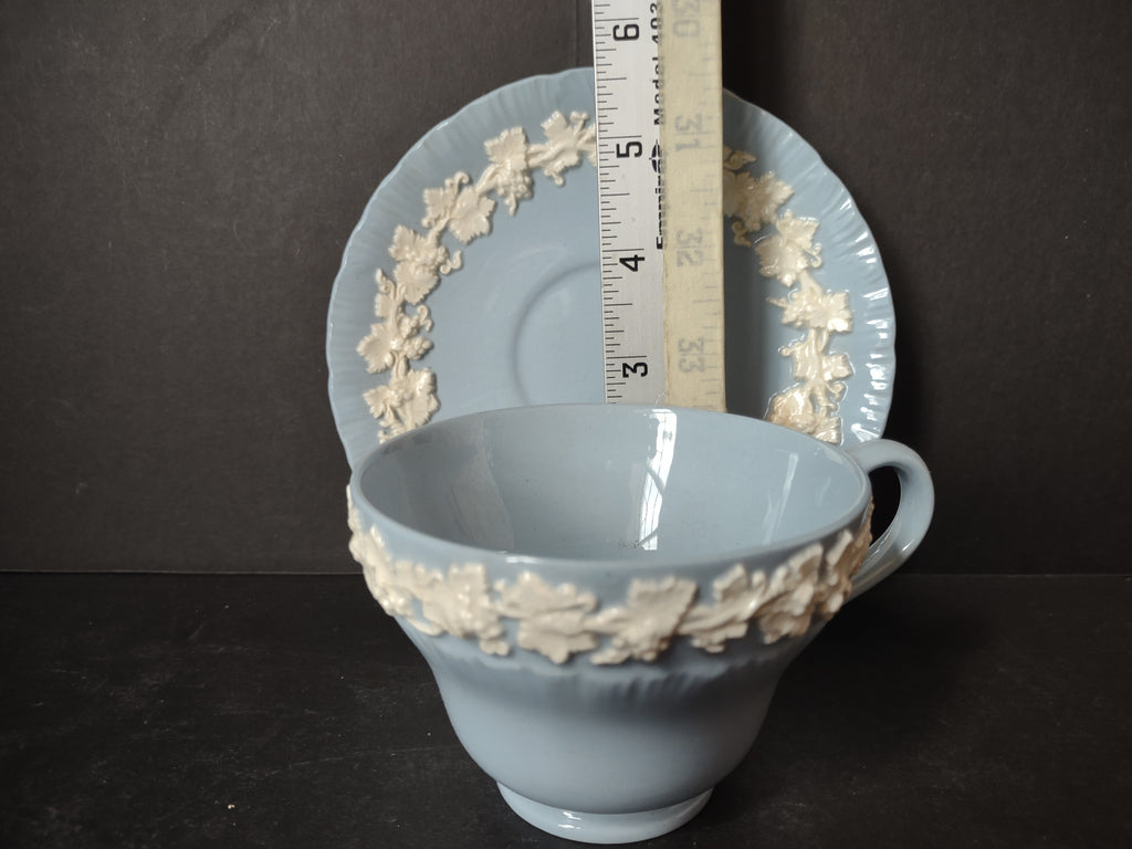 Vintage Wedgwood Embossed Queensware Blue Cup Saucer Grapevine Leaf [6070]