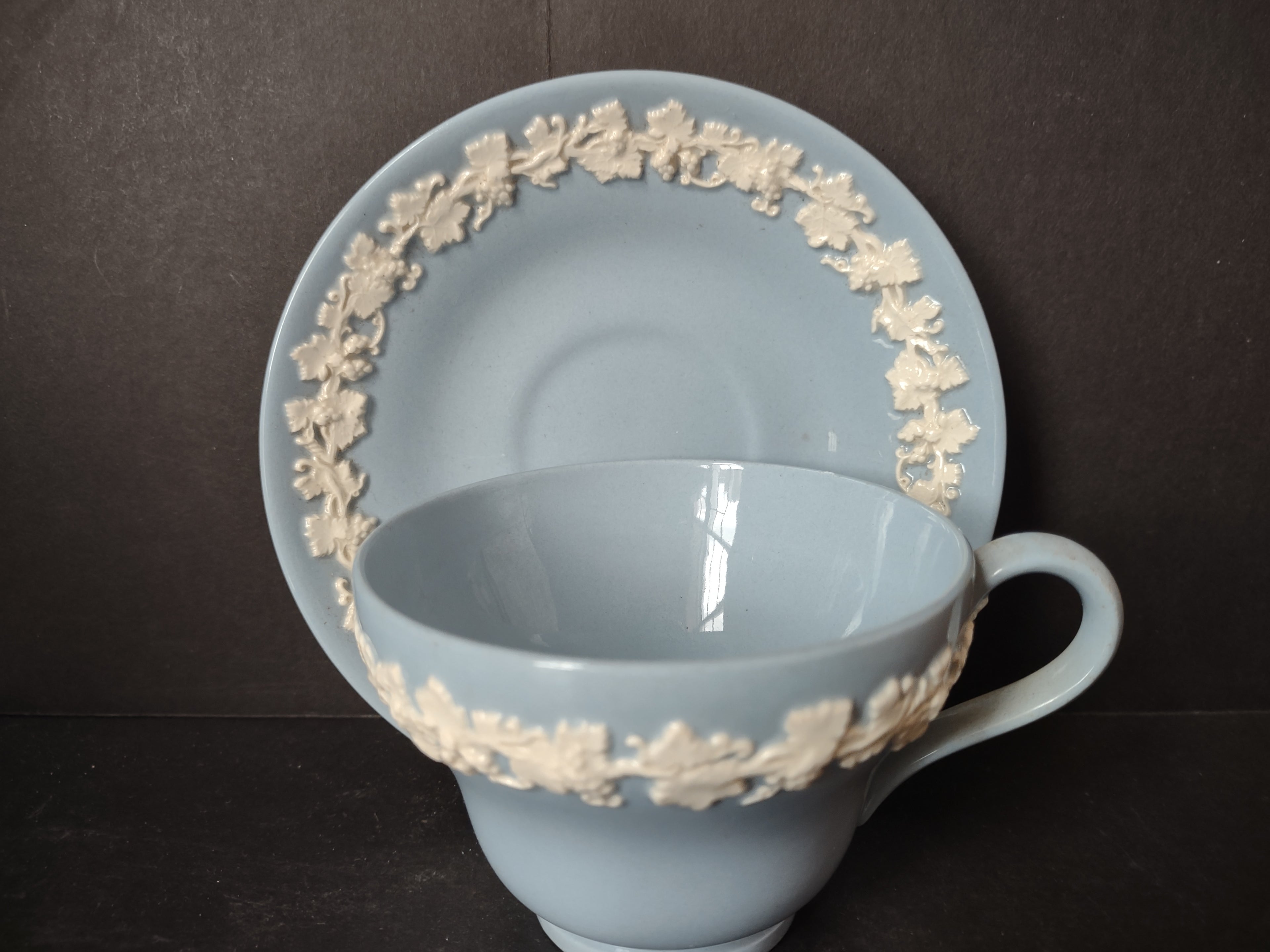 Vintage Wedgwood Embossed Queensware Blue Cup Saucer Set Grapevine [6068]