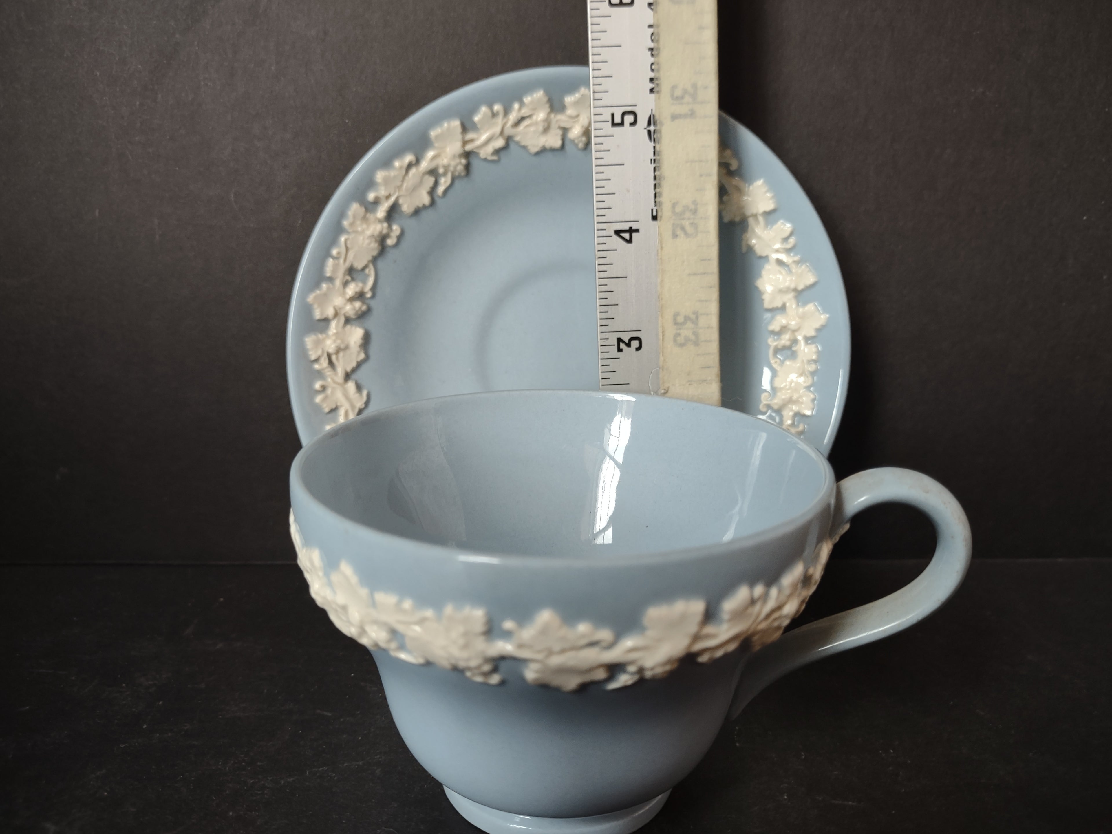 Vintage Wedgwood Embossed Queensware Blue Cup Saucer Set Grapevine [6068]