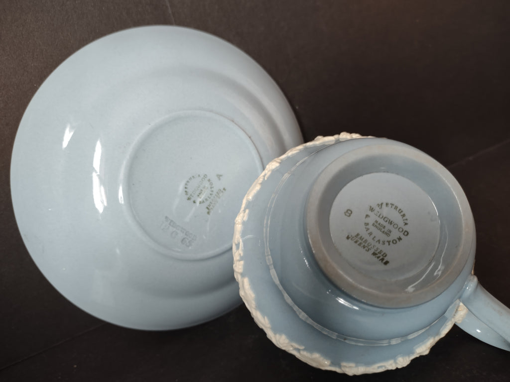 Vintage Wedgwood Embossed Queensware Blue Cup Saucer Set Grapevine [6068]