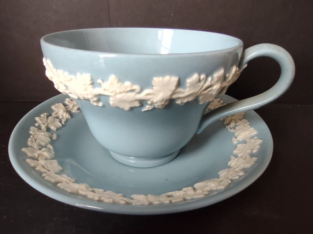 Vintage Wedgwood Embossed Queensware Blue Cup Saucer Set Grapevine [6068]