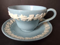 Vintage Wedgwood Embossed Queensware Blue Cup Saucer Set Grapevine [6068]