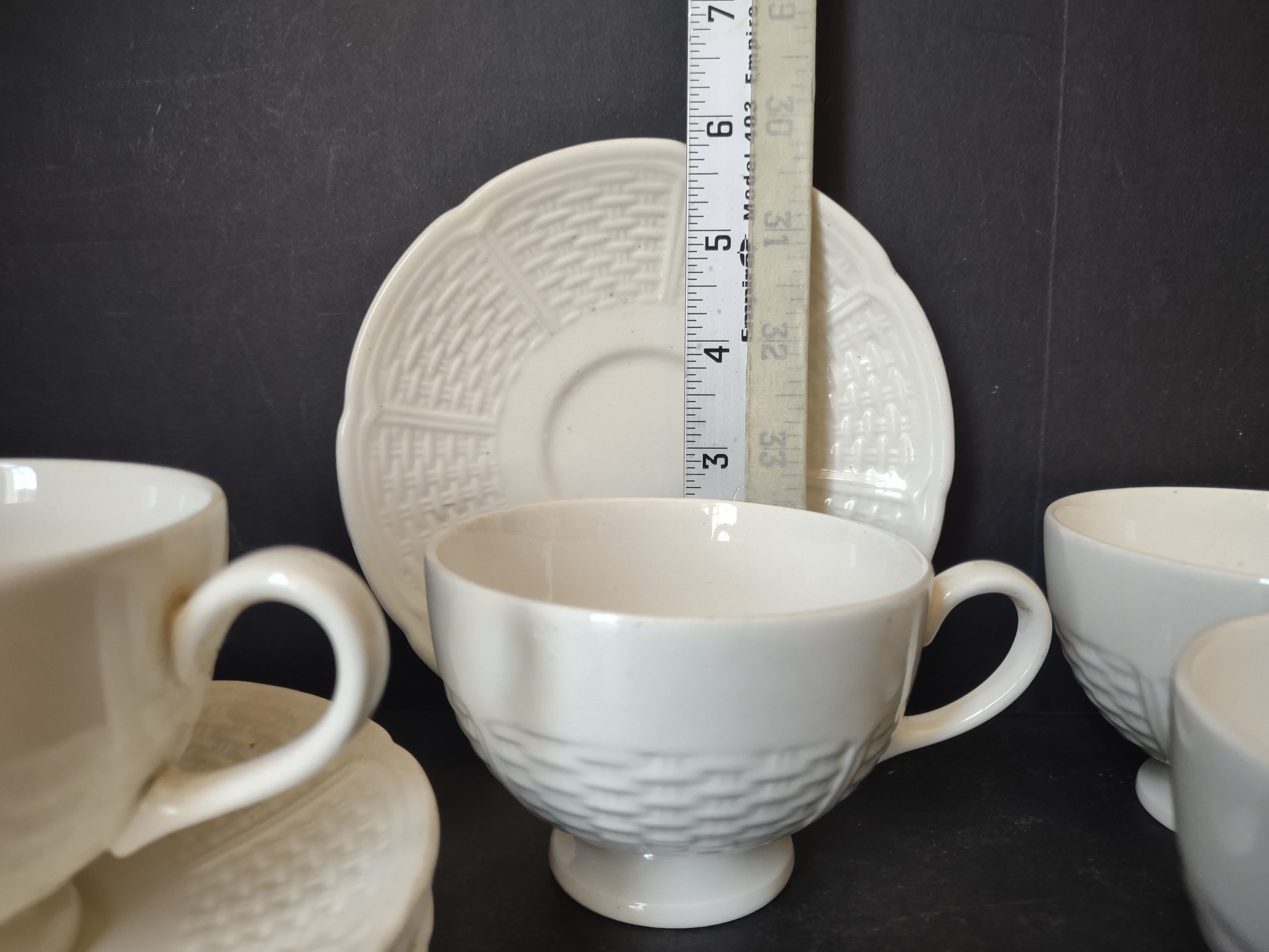Vintage Wedgwood Nantucket White Basketweave Footed Teacup & Saucer Set x 4 [6105]
