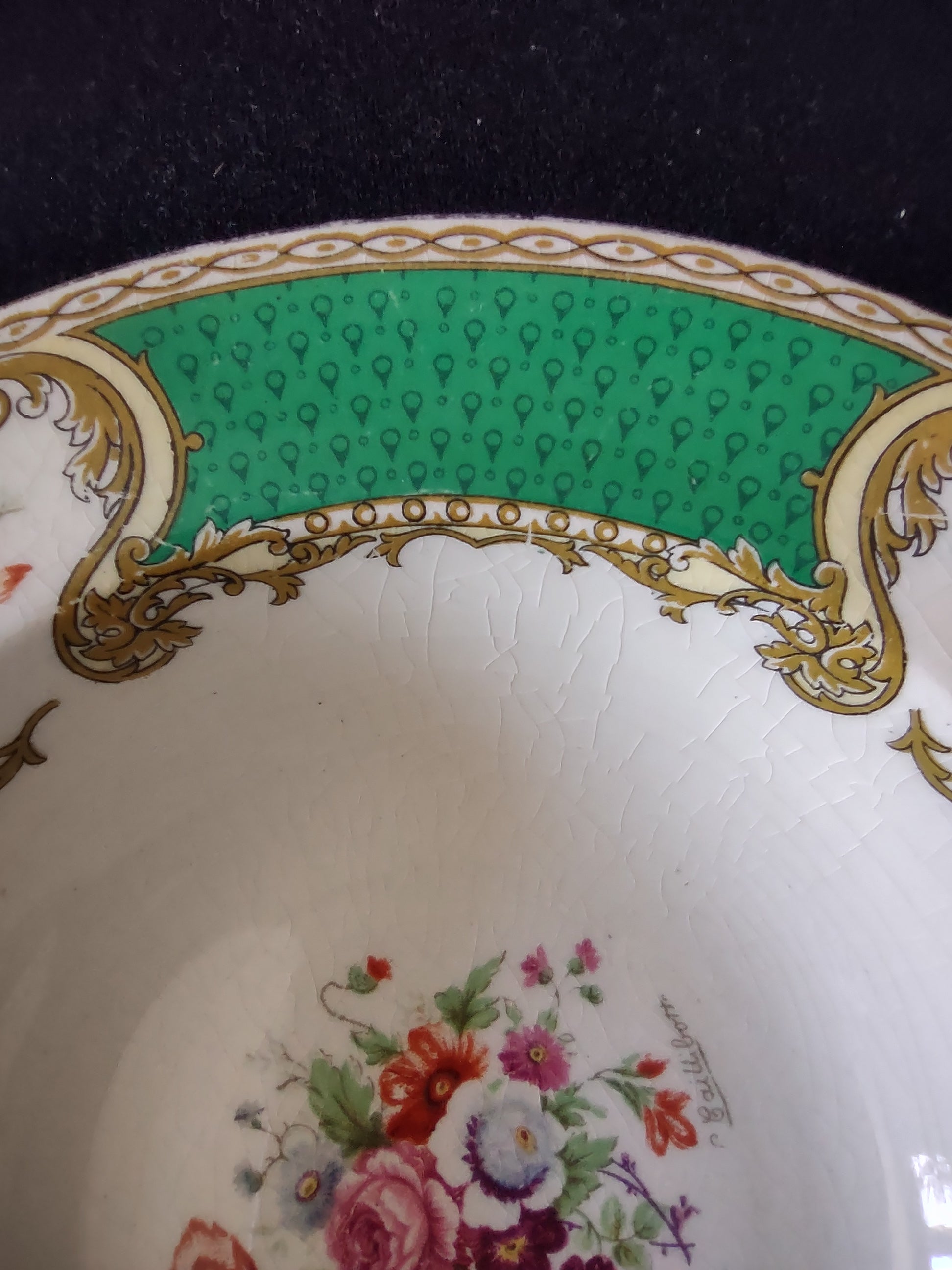 Vintage Myott The Bouquet Green Rimmed Soup Bowl England [6098]