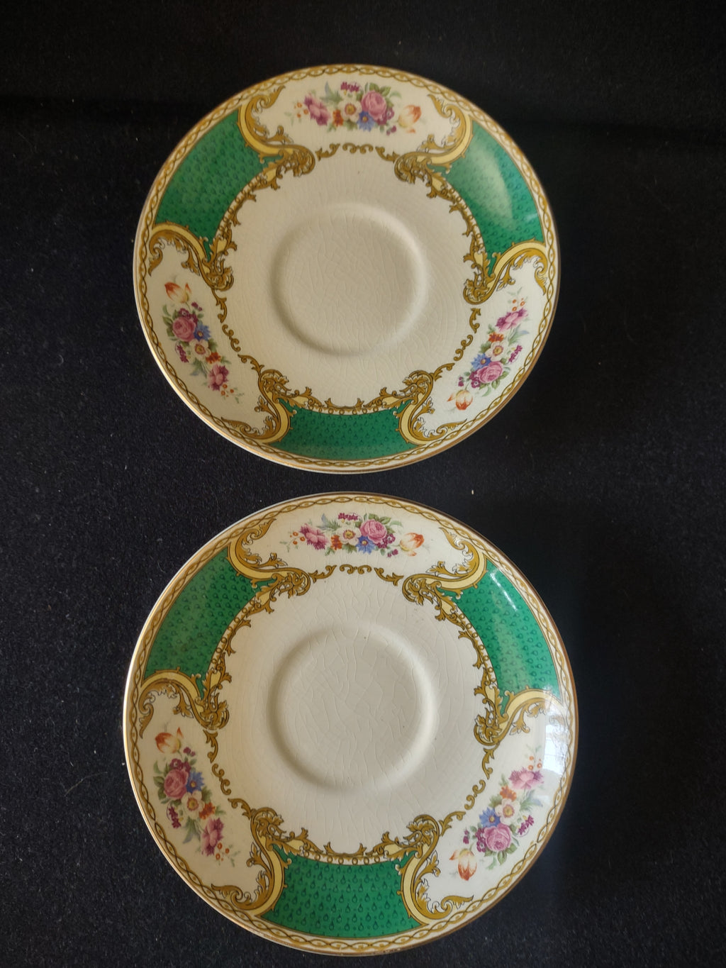 Vintage Myott The Bouquet Green Cream Soup Liner England Set of 2 [6099]