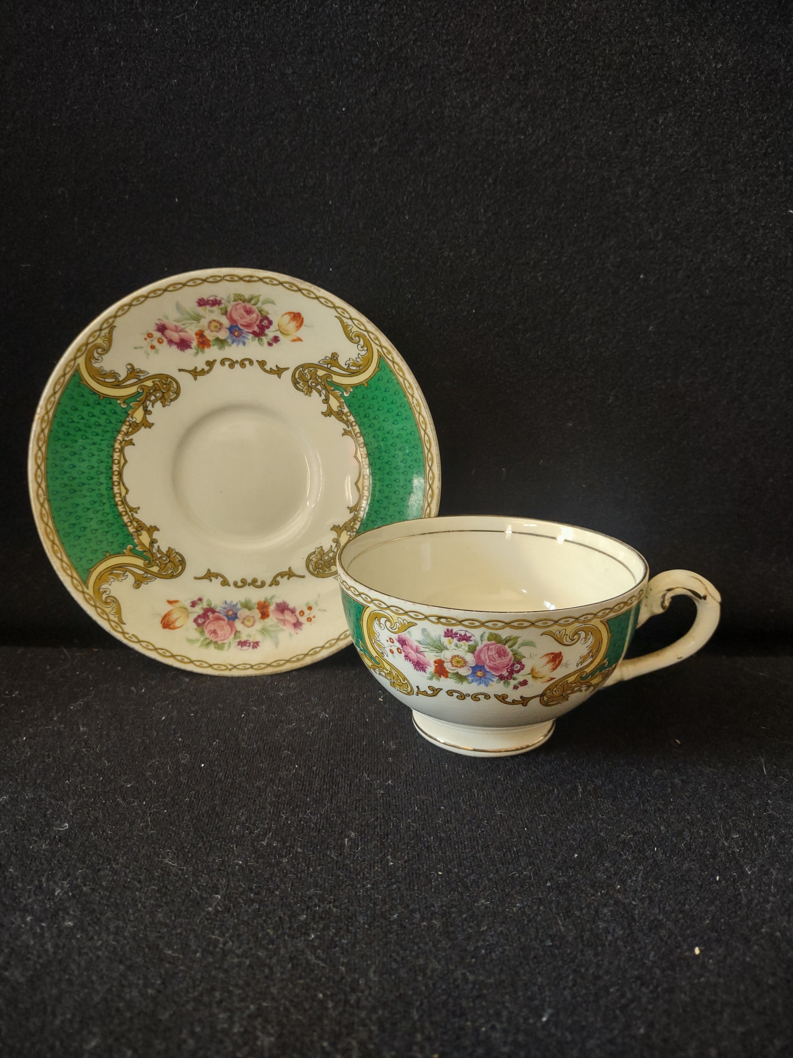 Vintage Myott The Bouquet Green Cup Saucer England [6100]