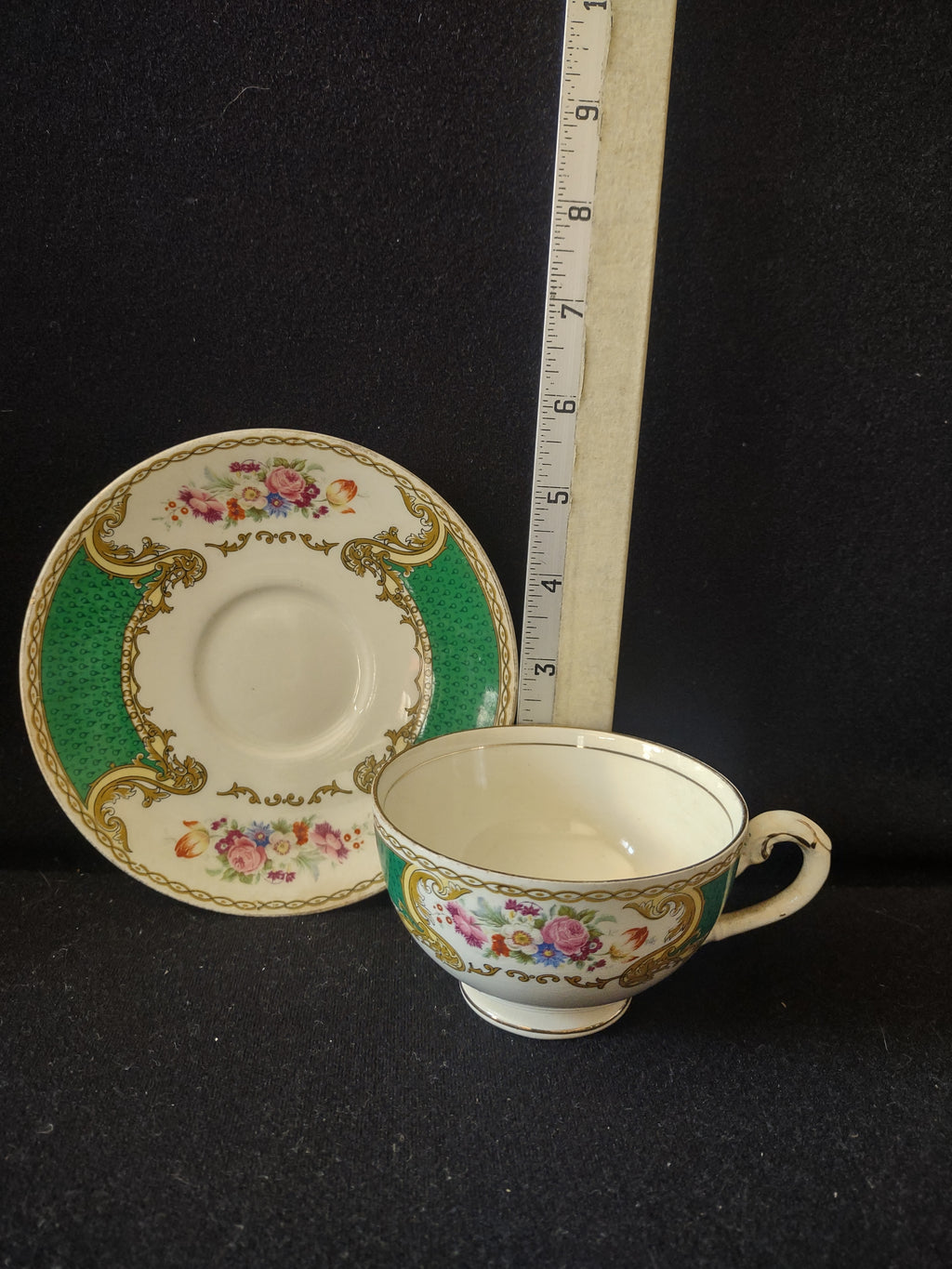 Vintage Myott The Bouquet Green Cup Saucer England [6100]