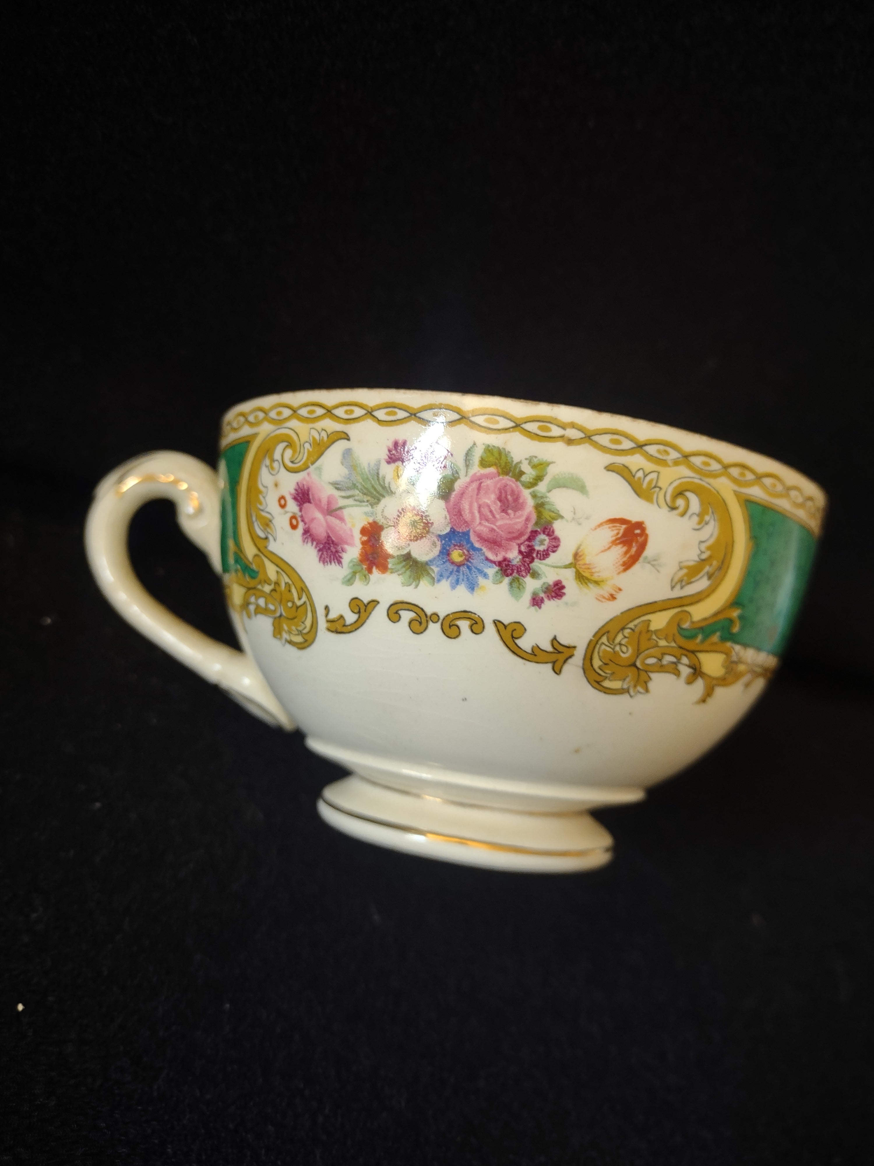 Vintage Myott The Bouquet Green Cup Saucer England [6100]
