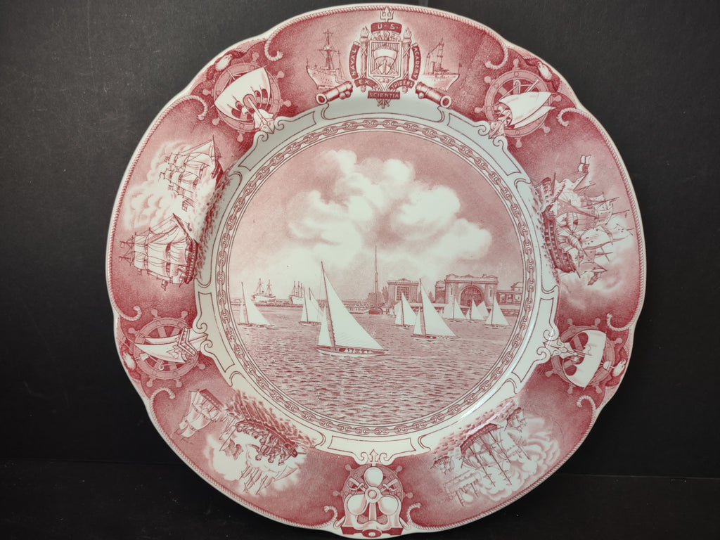 Vintage Wedgwood Red Transferware US Naval Academy Sailboat Drill Plate [6115]