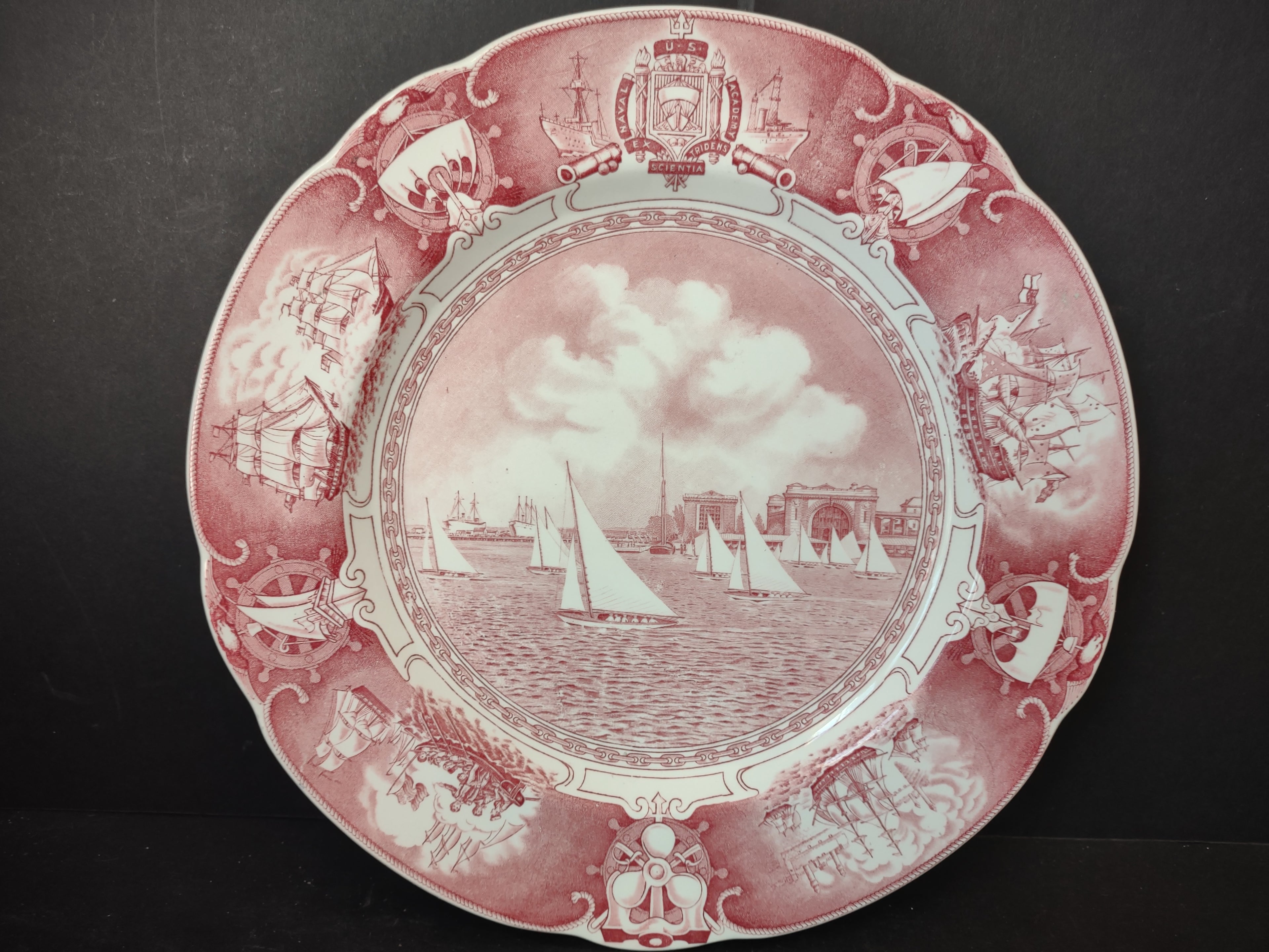 Vintage Wedgwood Red Transferware US Naval Academy Sailboat Drill Plate [6115]