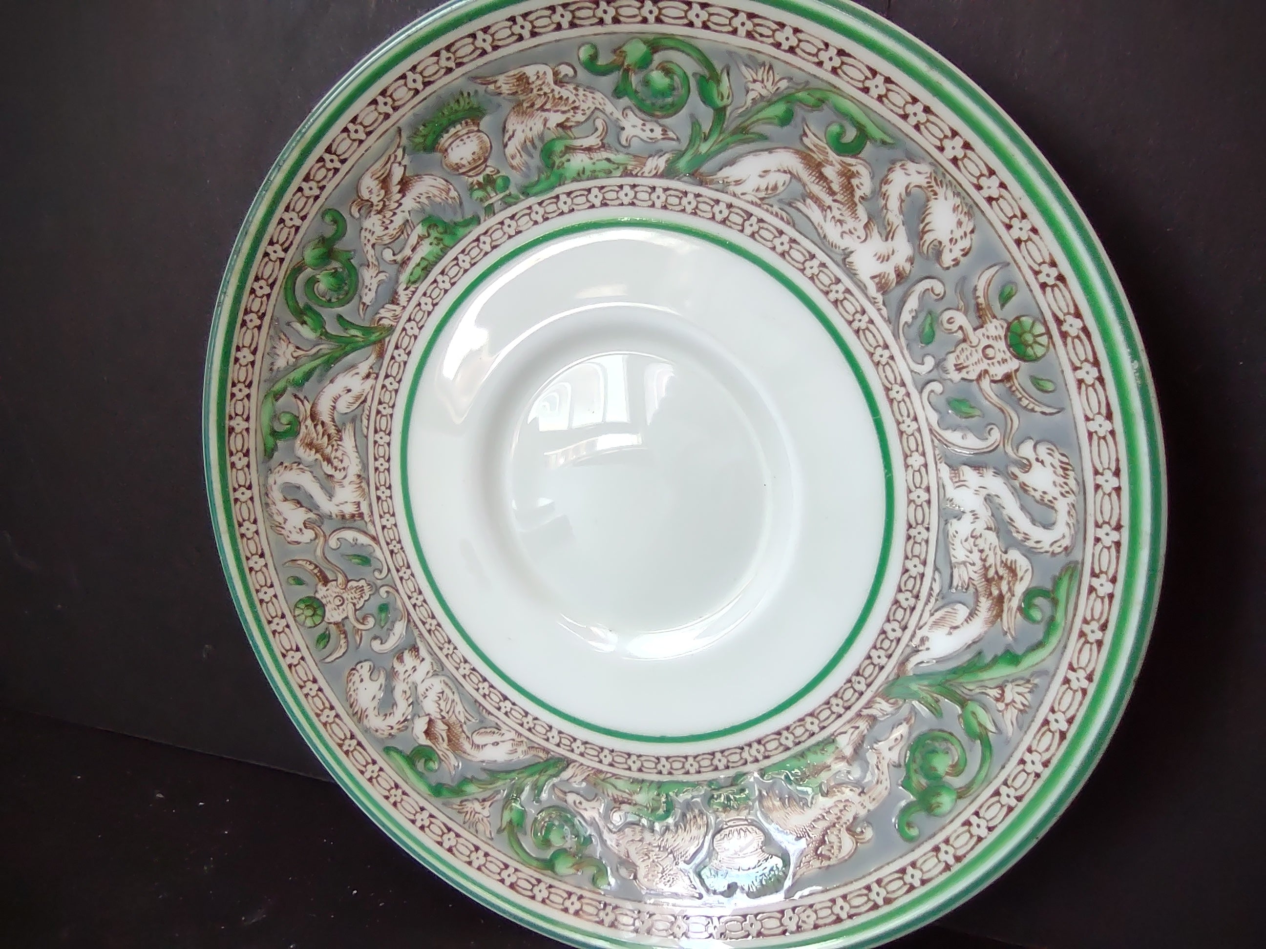 Vintage Wedgwood Flying Dragon Green Transferware Saucer England [6167]