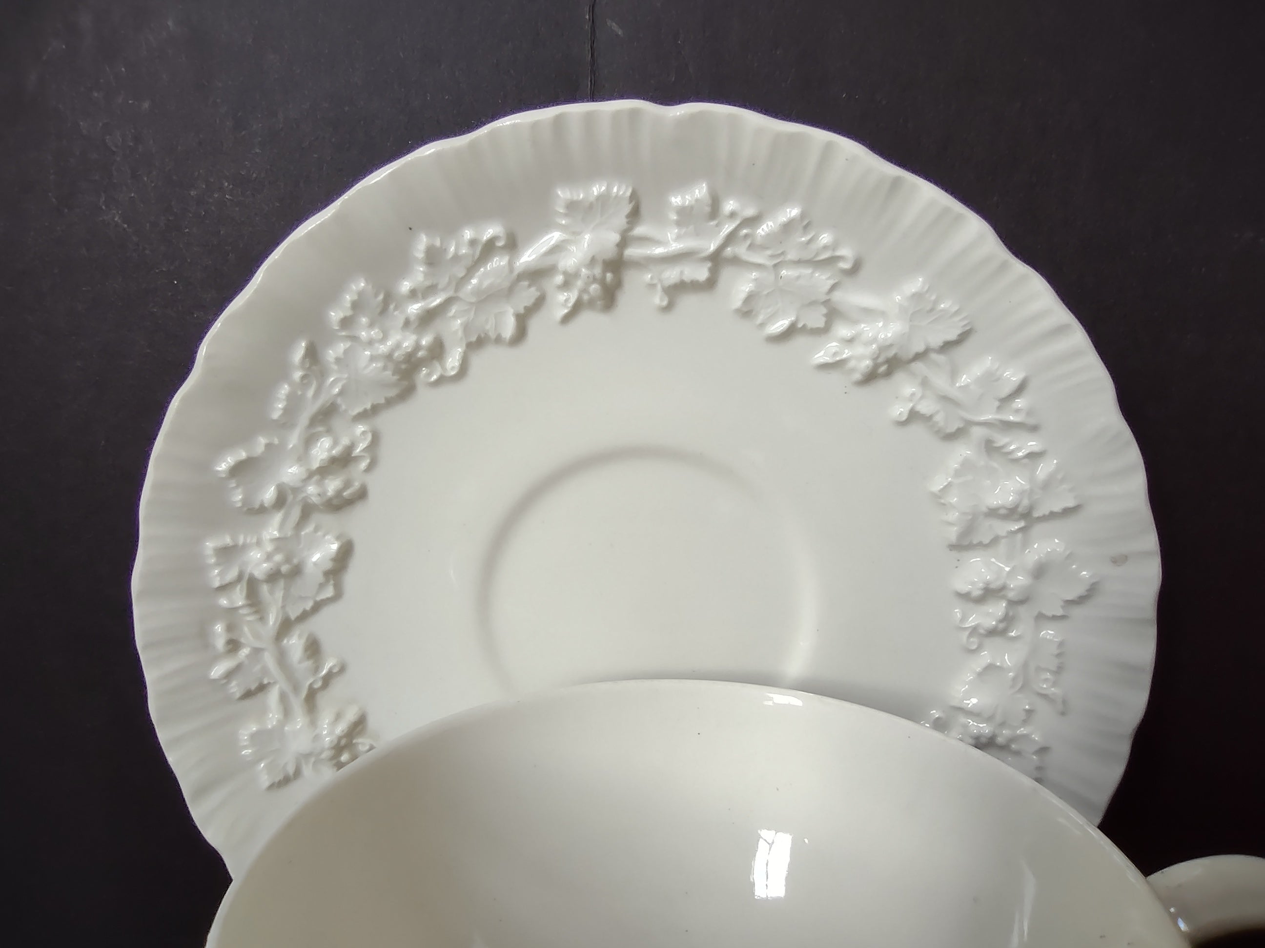 Vintage Wedgwood Etruria Arlas White Embossed Cup Saucer Set England [6166]