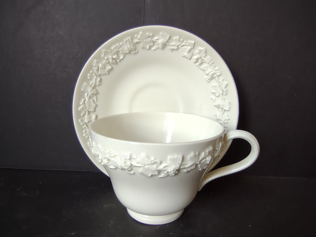 Vintage Wedgwood Embossed Queens Ware White Cup Saucer England [6161]